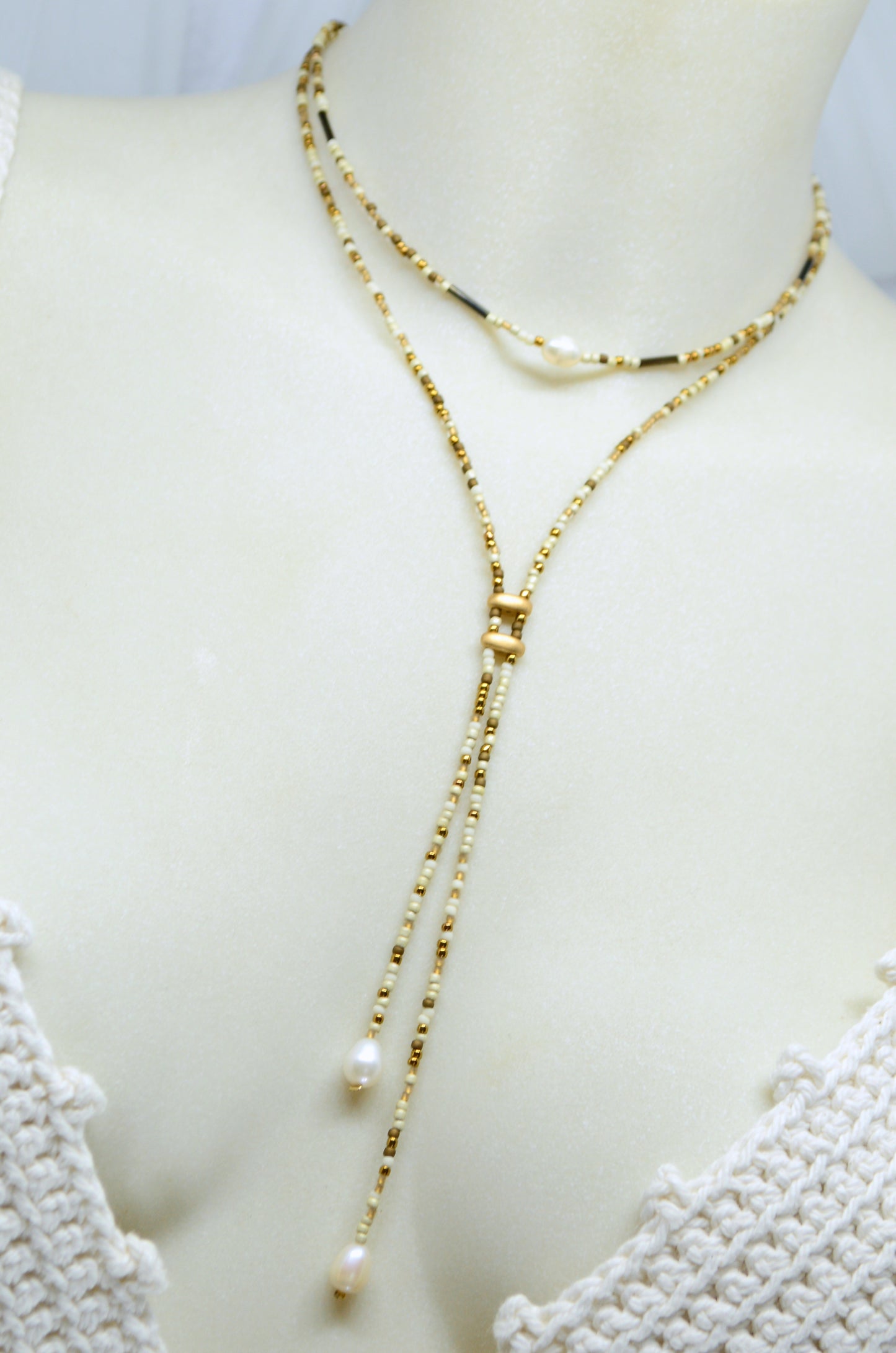 Ivory Beaded Lariat Necklace with Freshwater Pearls – Adjustable Boho Y Necklace