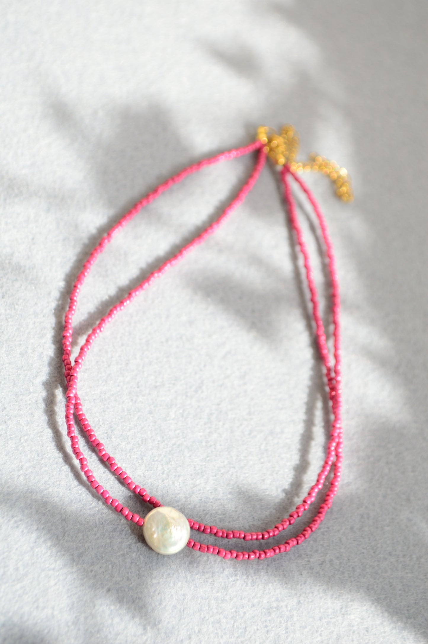 Pink Seed Bead Choker with Mother of Pearl – Minimalist Layered Necklace