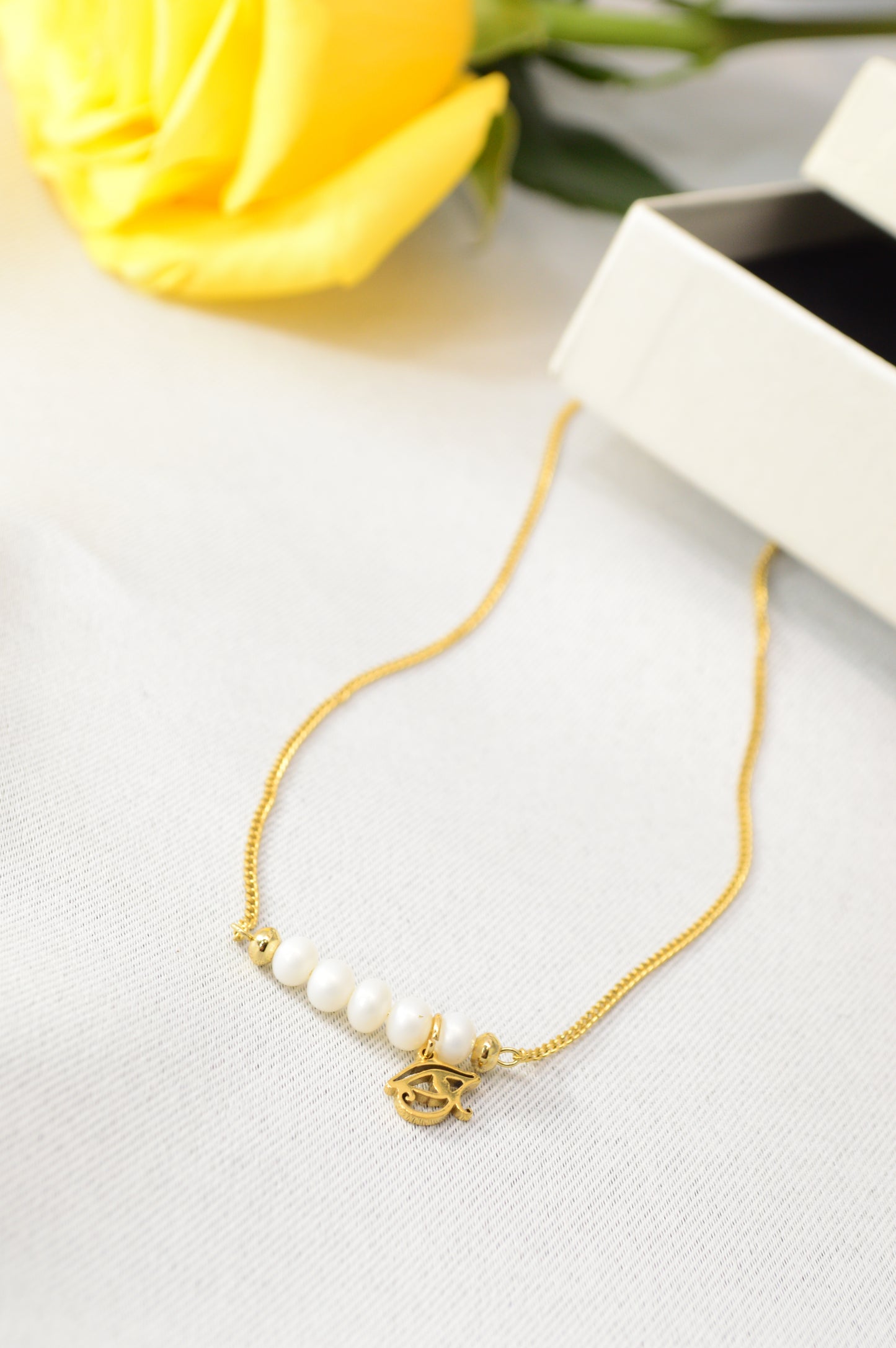 Freshwater Pearl Necklace – Minimal Bar Pendant with Gold Charm on Stainless Steel Chain