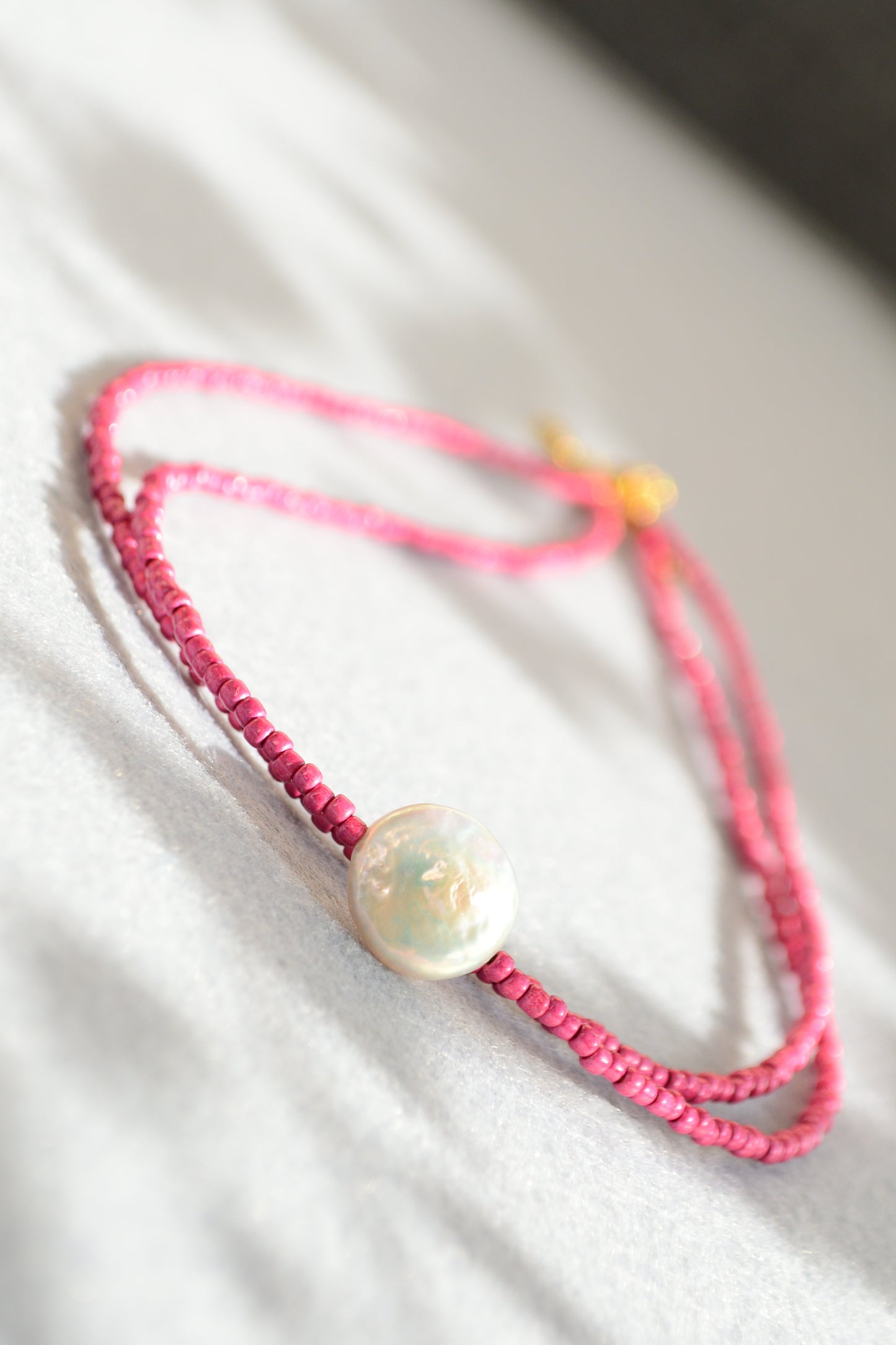 Pink Seed Bead Choker with Mother of Pearl – Minimalist Layered Necklace