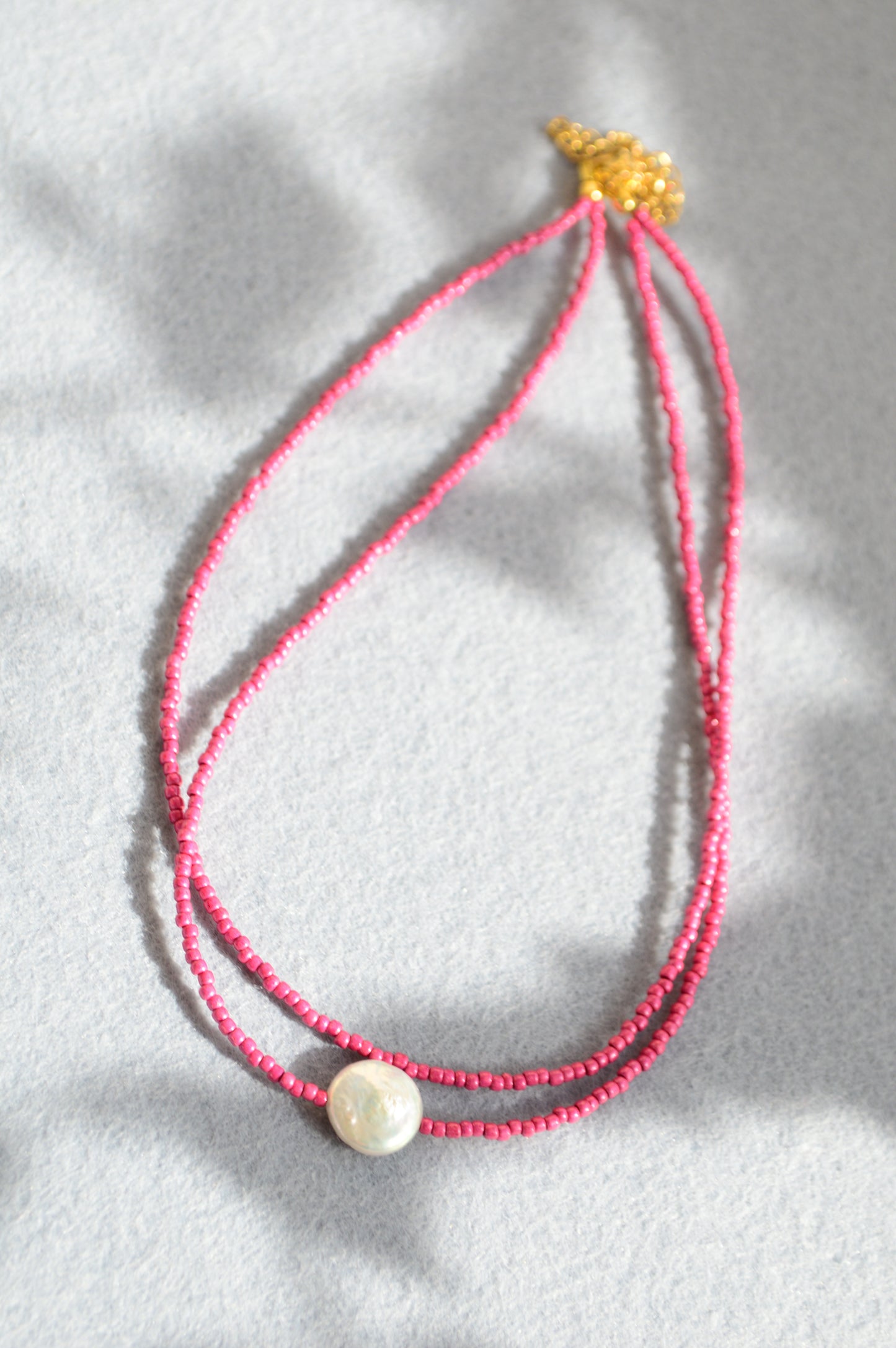 Pink Seed Bead Choker with Mother of Pearl – Minimalist Layered Necklace