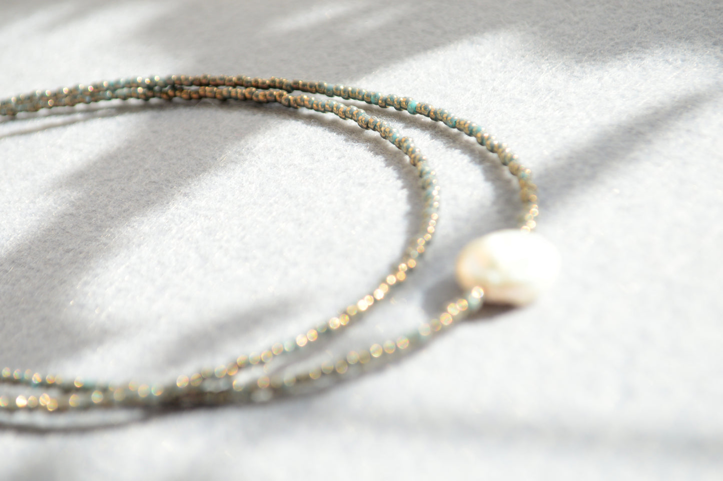 Blue Grey Seed Bead Choker with Freshwater Pearl – Double Strand Minimalist Necklace