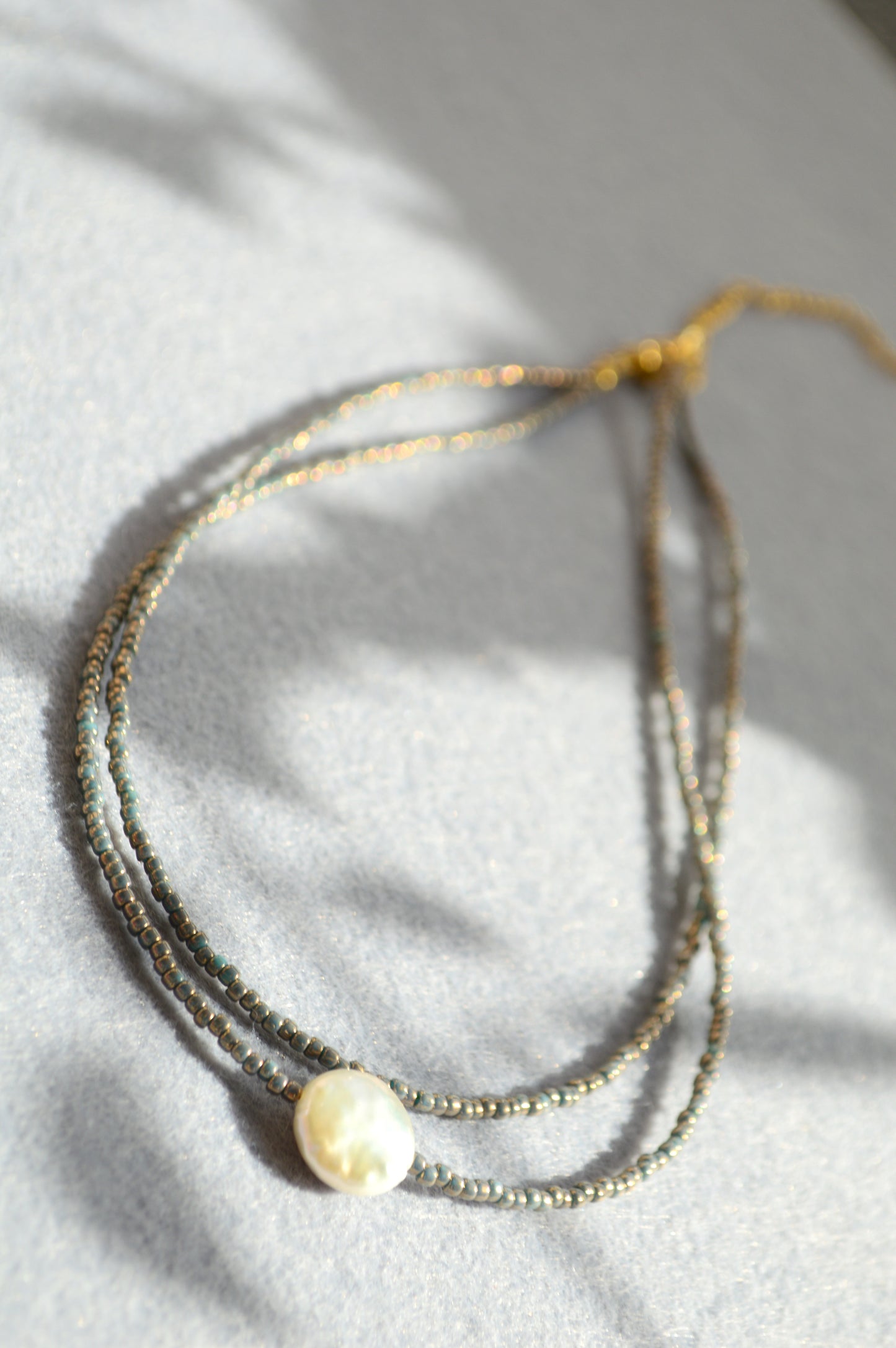 Blue Grey Seed Bead Choker with Freshwater Pearl – Double Strand Minimalist Necklace
