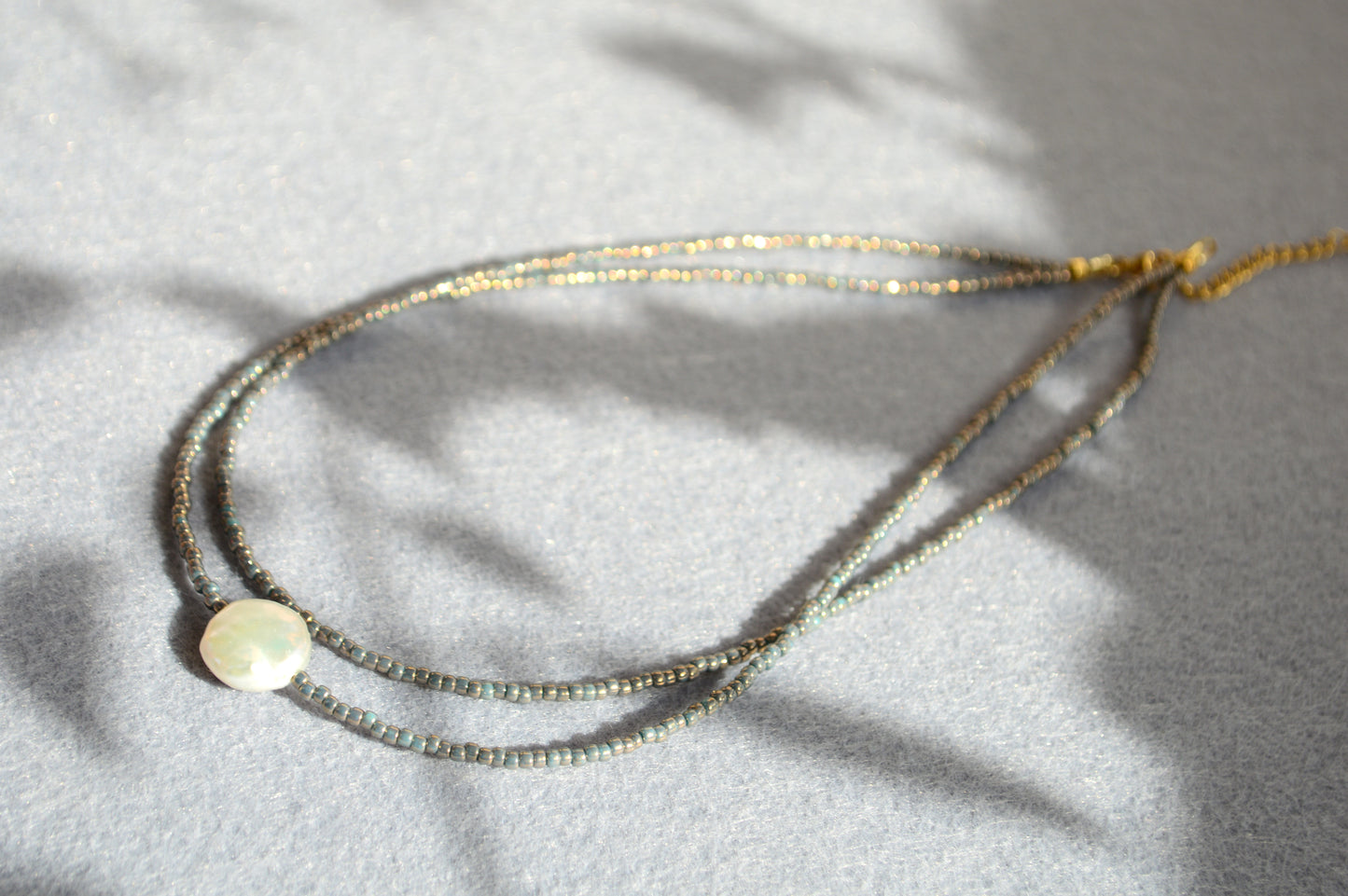Blue Grey Seed Bead Choker with Freshwater Pearl – Double Strand Minimalist Necklace
