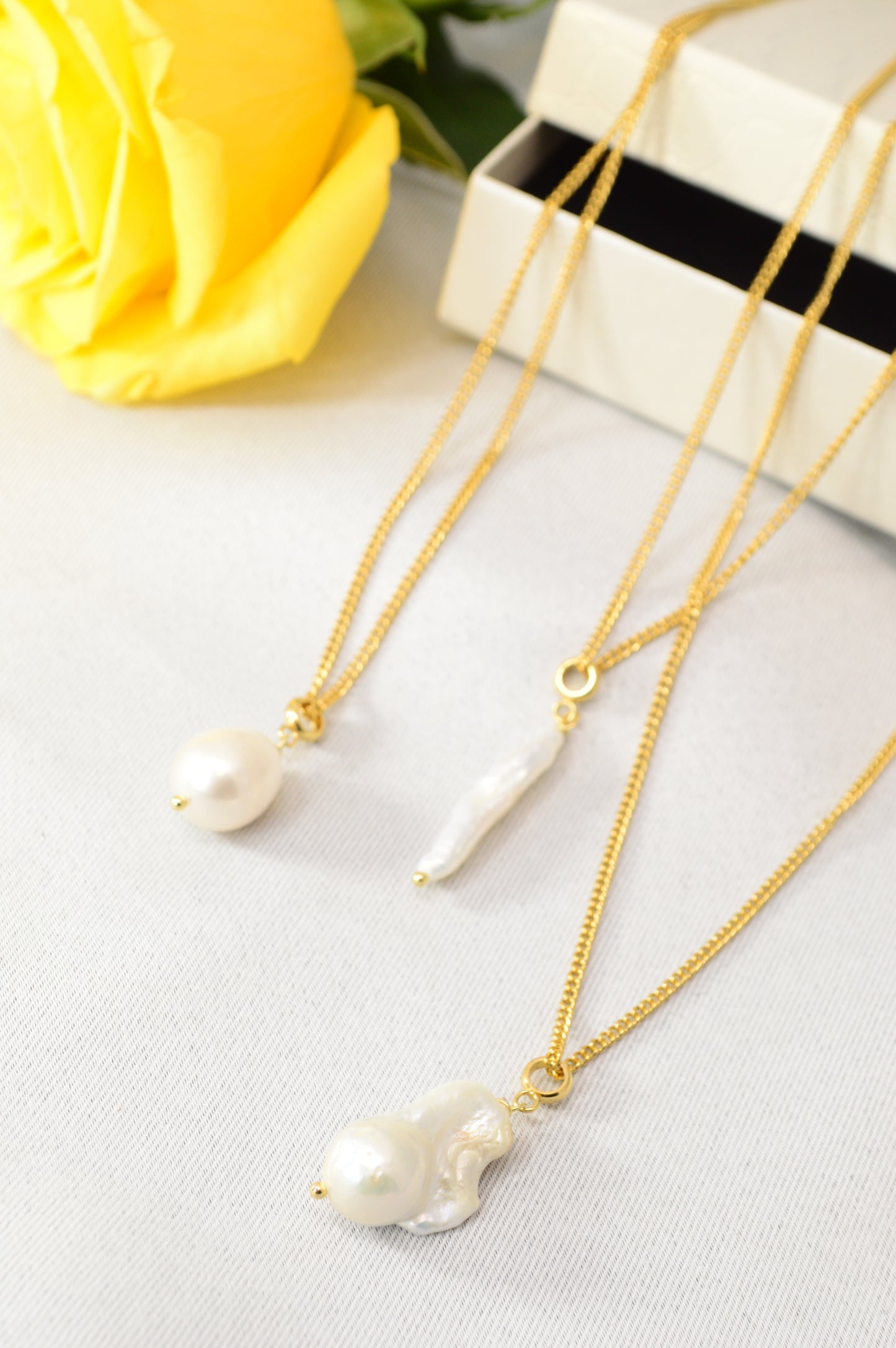 Freshwater Pearl Pendant Necklace – Gold Stainless Steel Chain, 3 Pearl Shapes
