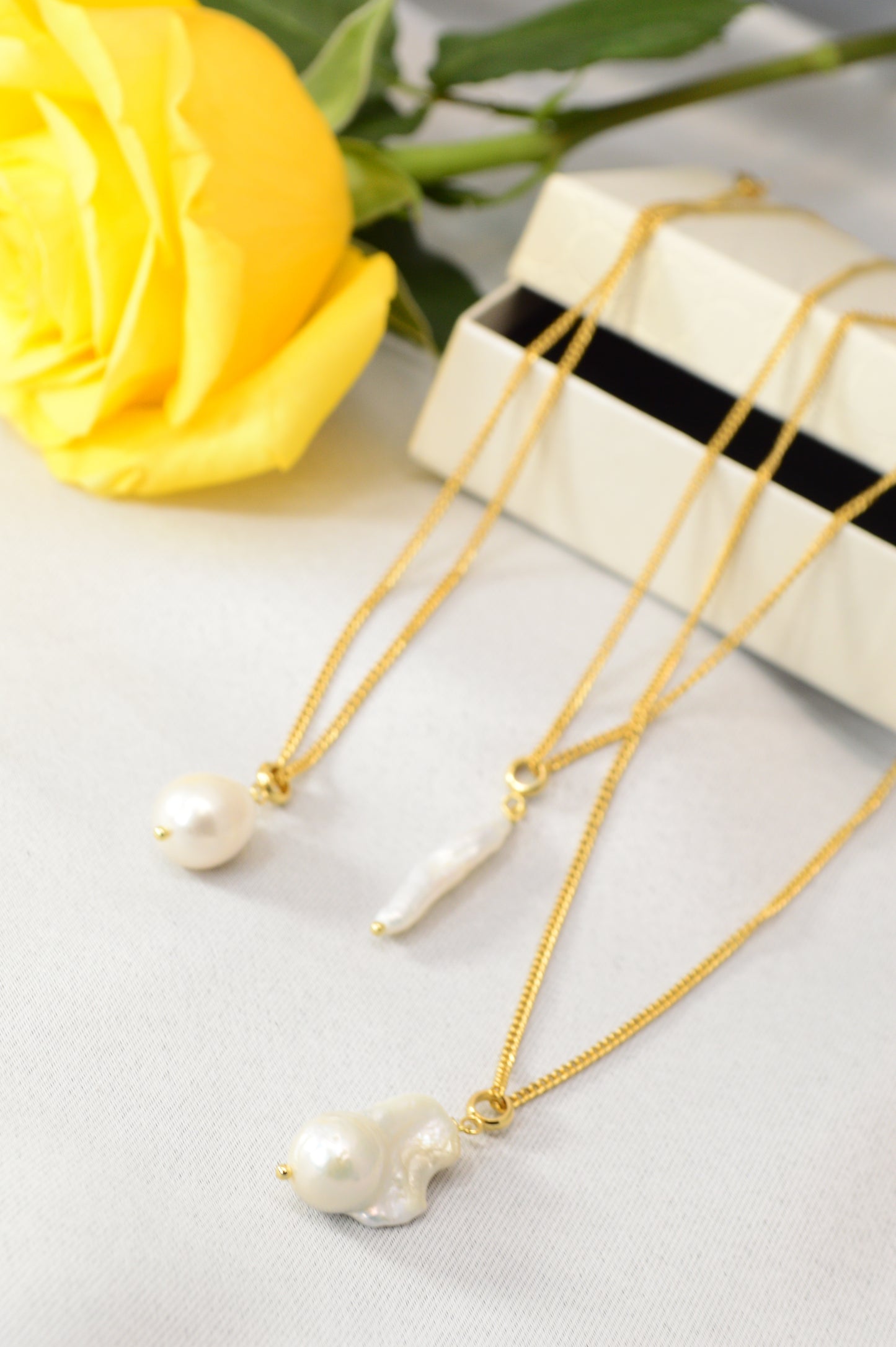 Freshwater Pearl Pendant Necklace – Gold Stainless Steel Chain, 3 Pearl Shapes
