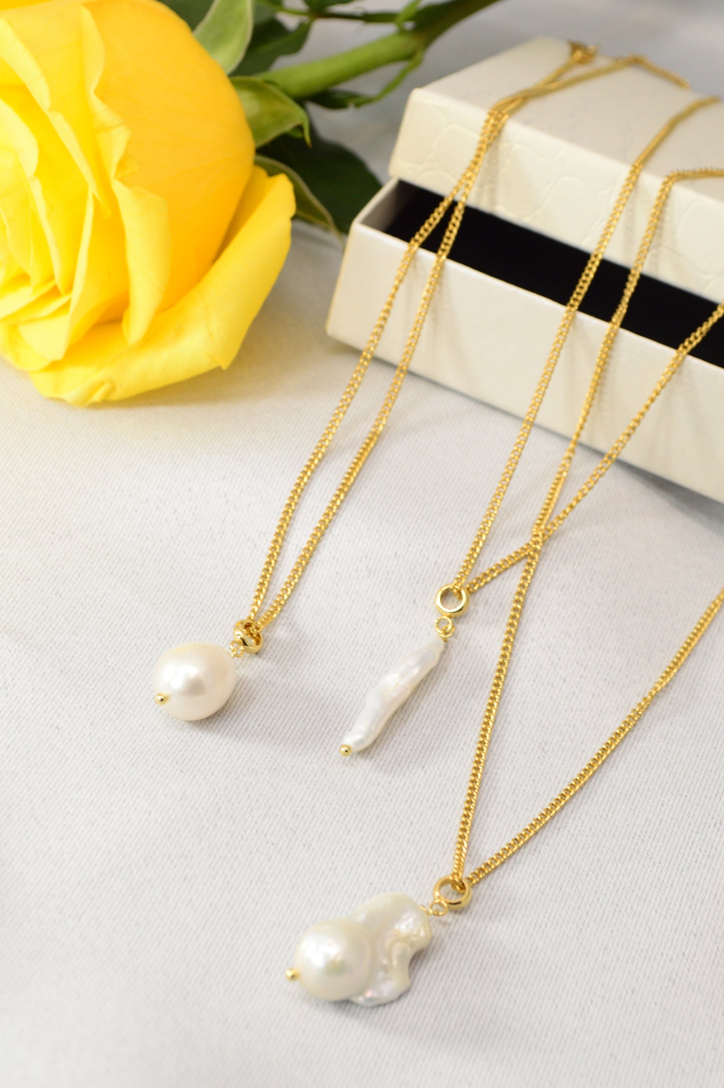 Freshwater Pearl Pendant Necklace – Gold Stainless Steel Chain, 3 Pearl Shapes