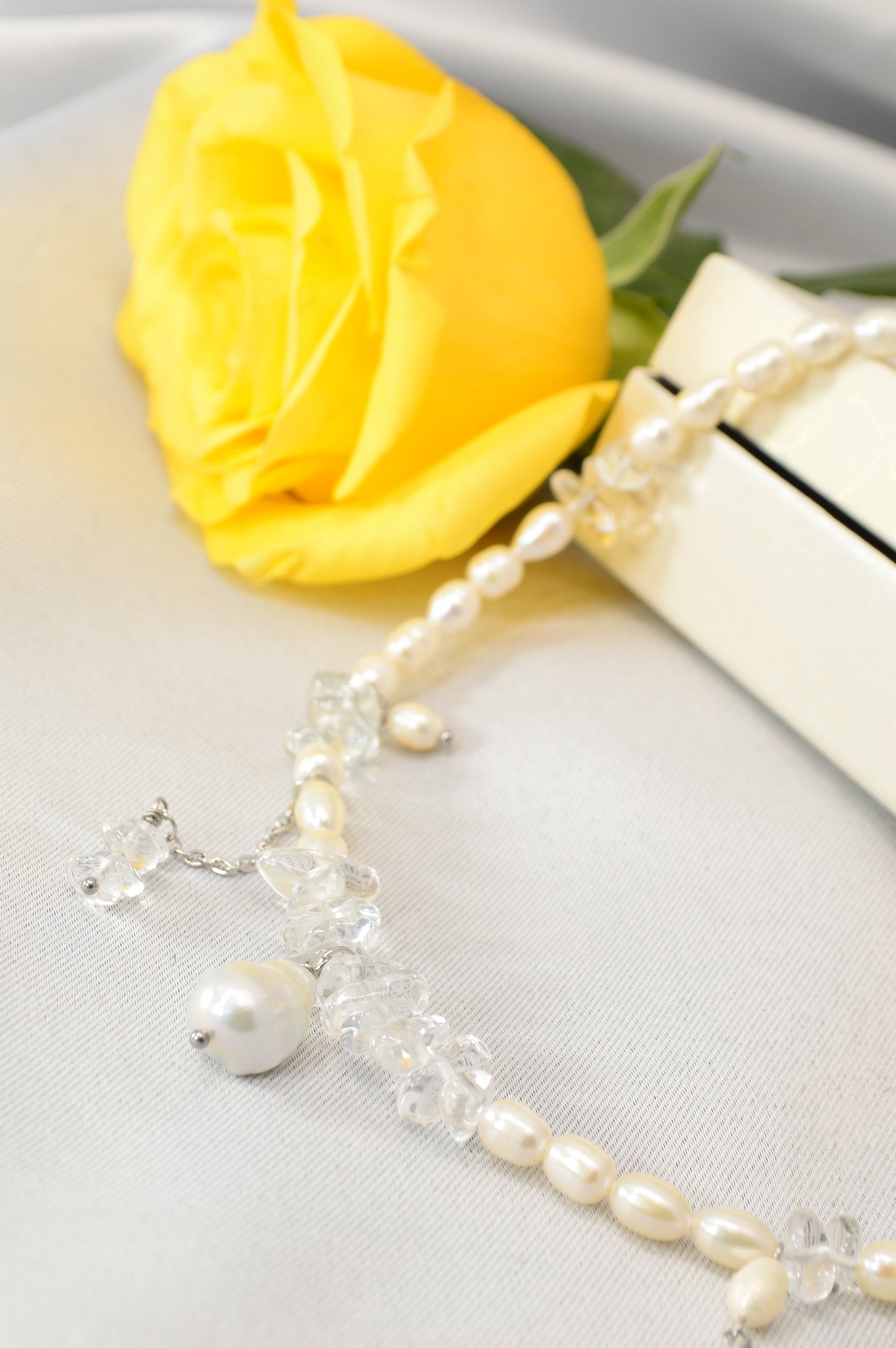 Freshwater Pearl & Clear Crystal Necklace – 17" Silver Stainless Steel Accent Chain