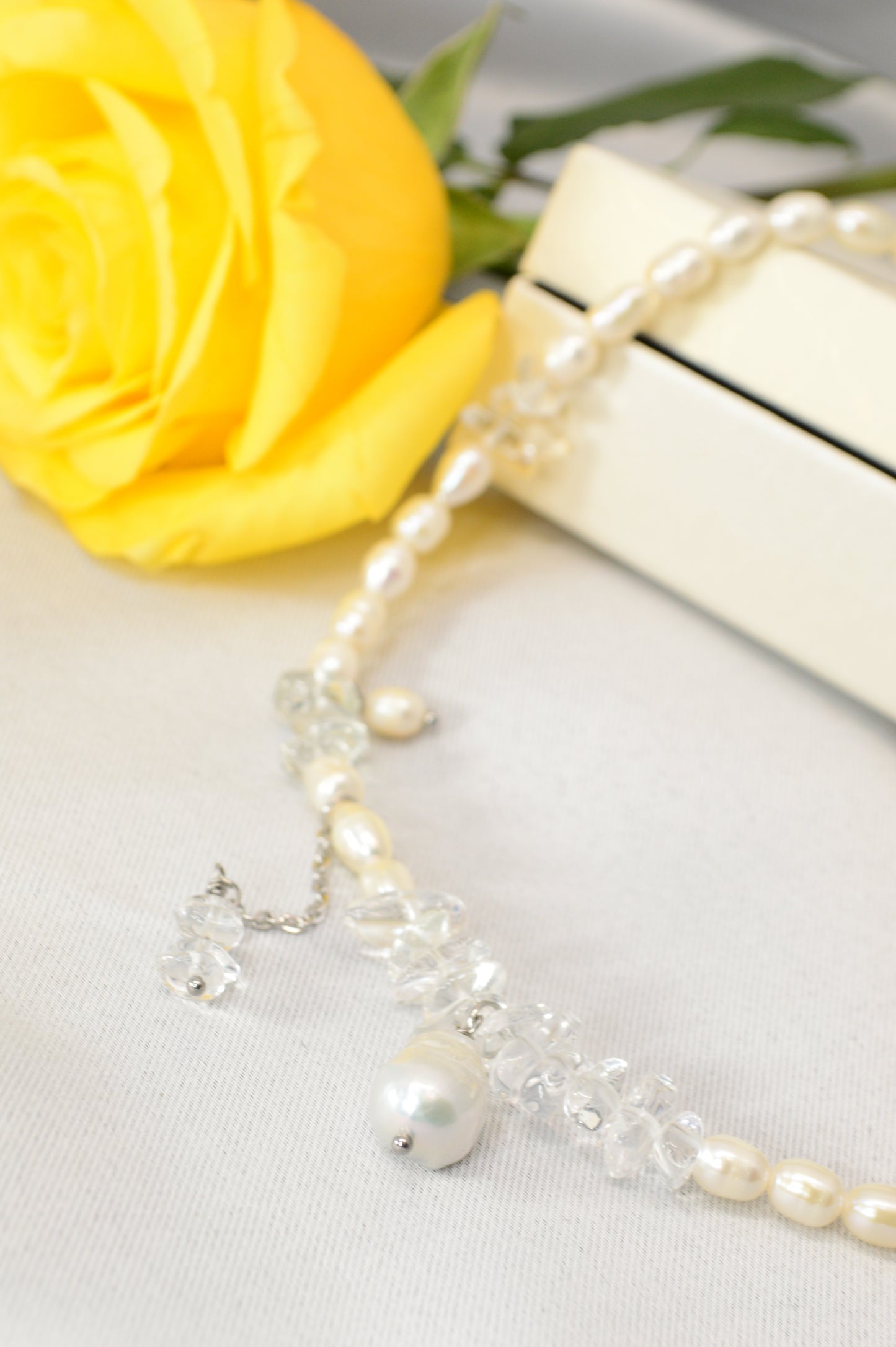 Freshwater Pearl & Clear Crystal Necklace – 17" Silver Stainless Steel Accent Chain