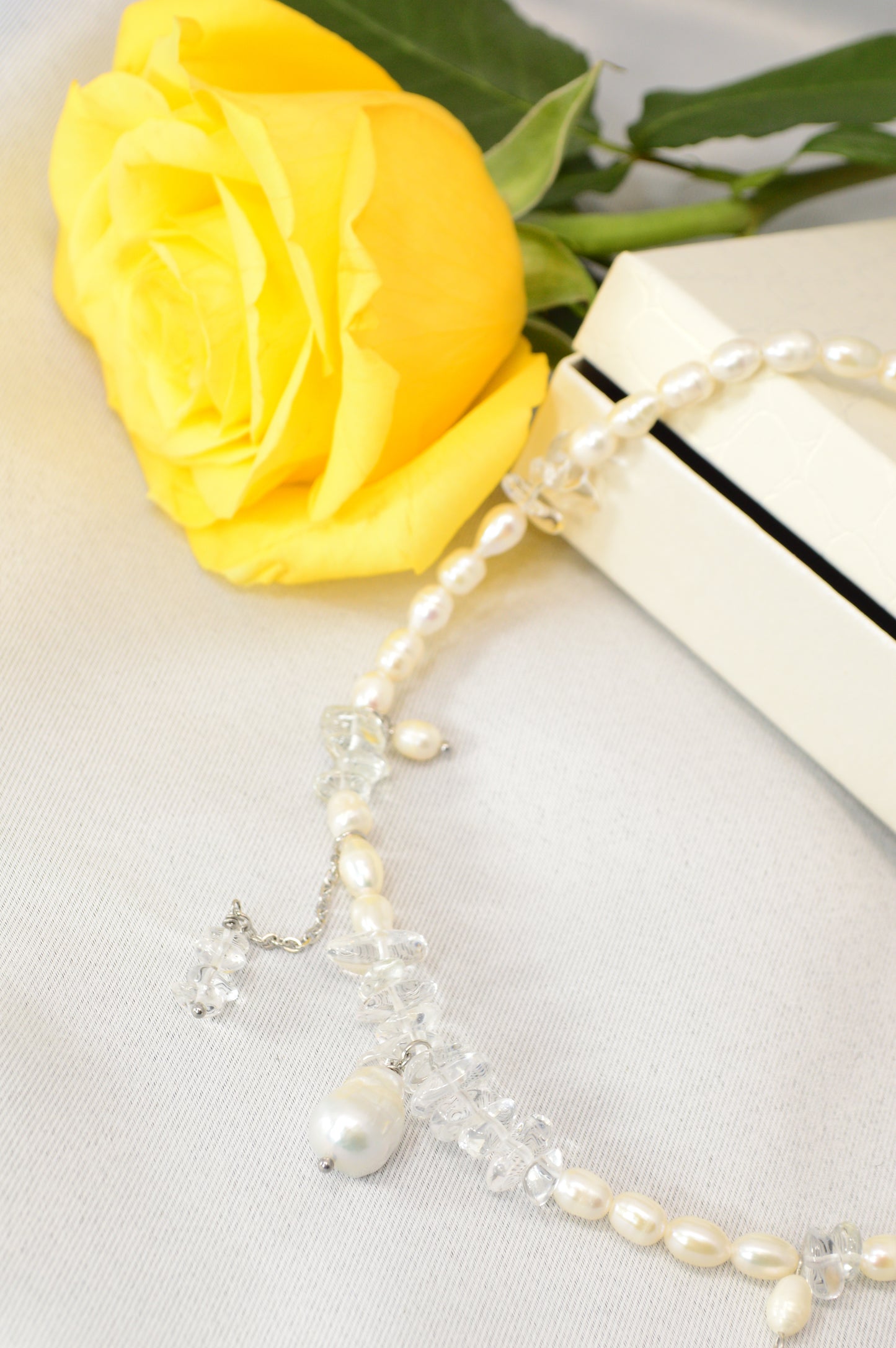 Freshwater Pearl & Clear Crystal Necklace – 17" Silver Stainless Steel Accent Chain