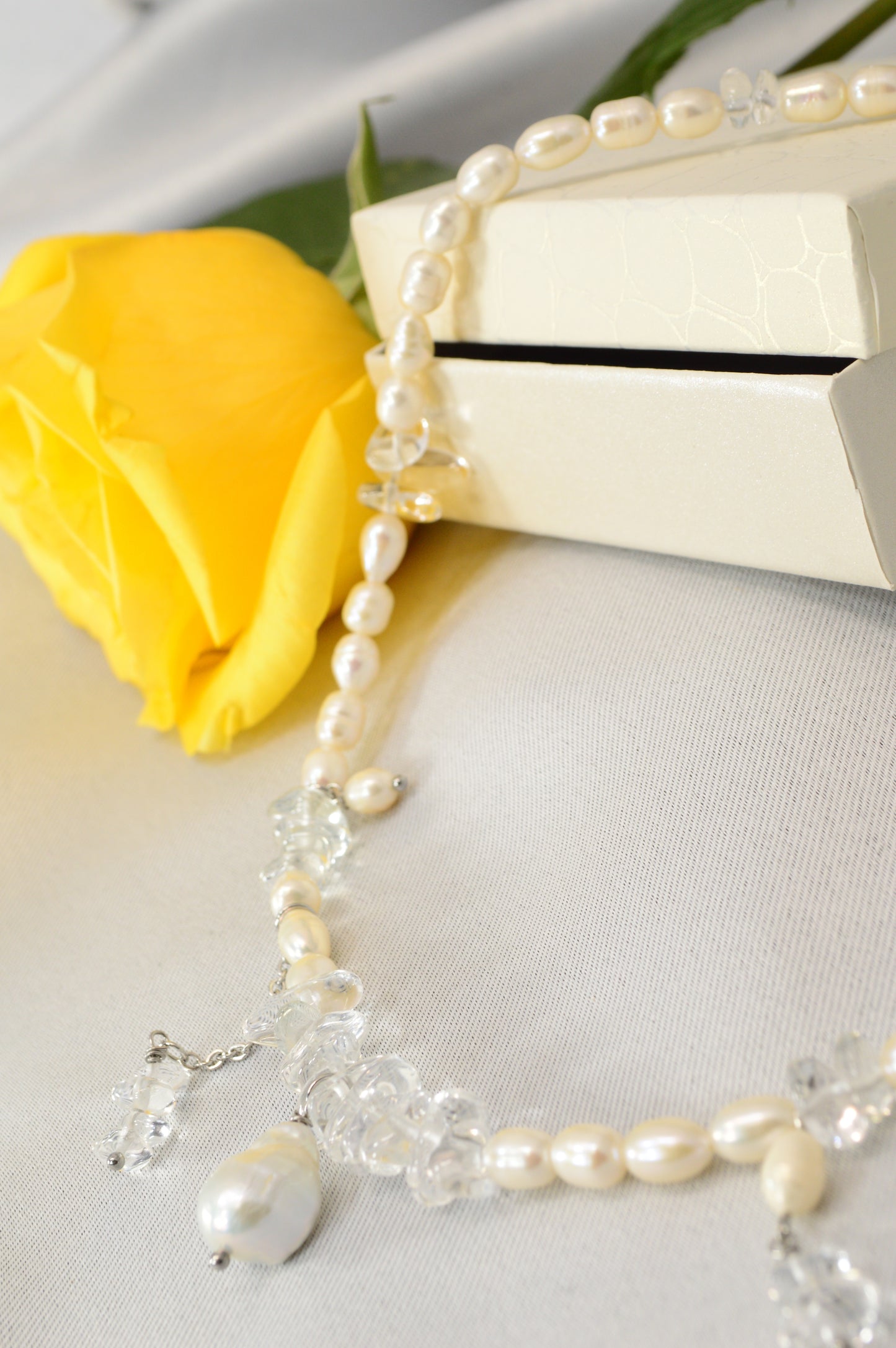 Freshwater Pearl & Clear Crystal Necklace – 17" Silver Stainless Steel Accent Chain