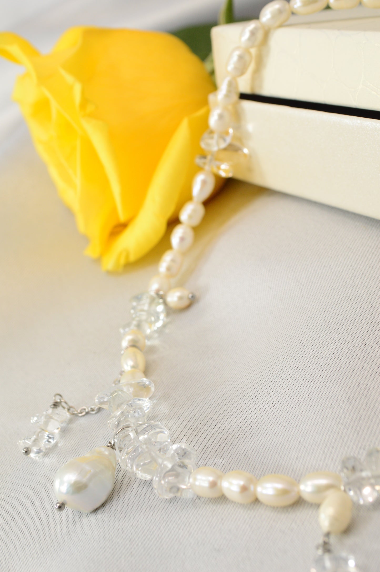 Freshwater Pearl & Clear Crystal Necklace – 17" Silver Stainless Steel Accent Chain