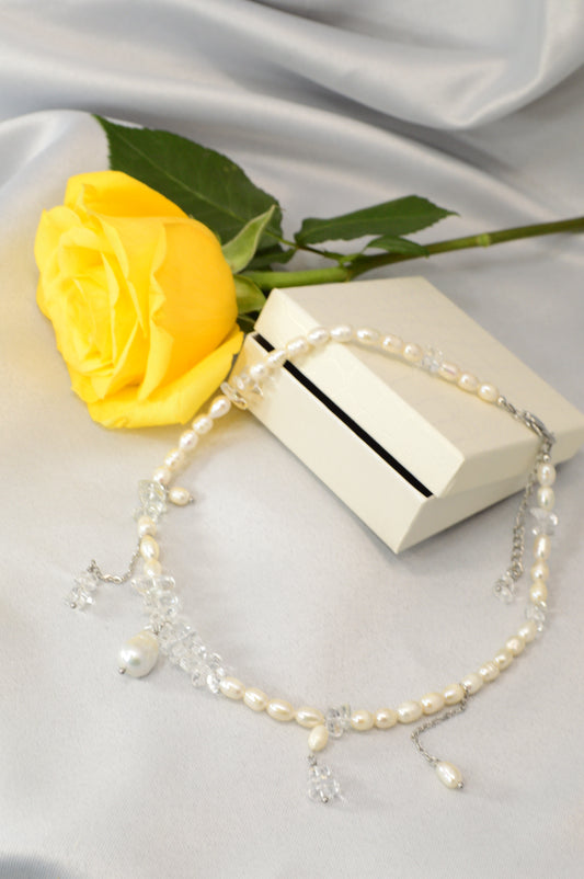 Freshwater Pearl & Clear Crystal Necklace – 17" Silver Stainless Steel Accent Chain