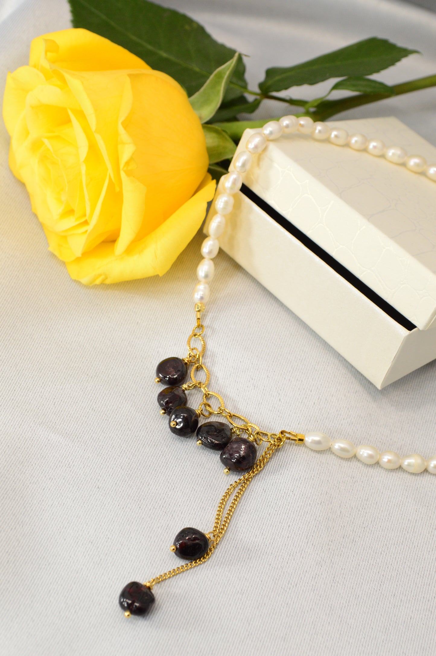 Freshwater Pearl & Dark Garnet Necklace – Gold Stainless Steel Chain, 16"/17"/18"