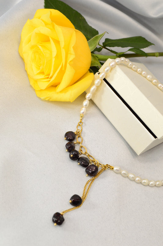 Freshwater Pearl & Dark Garnet Necklace – Gold Stainless Steel Chain, 16"/17"/18"