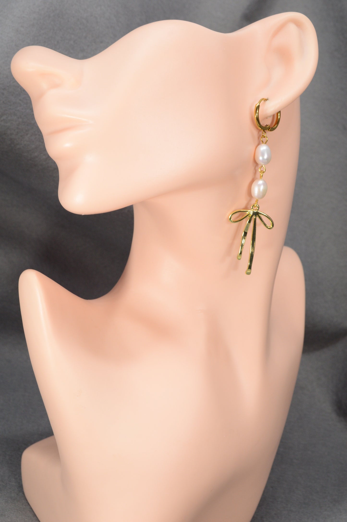 Gold Pearl Ribbon Drop Earrings – Freshwater Pearl Dangle, Elegant Bow Design, 3"