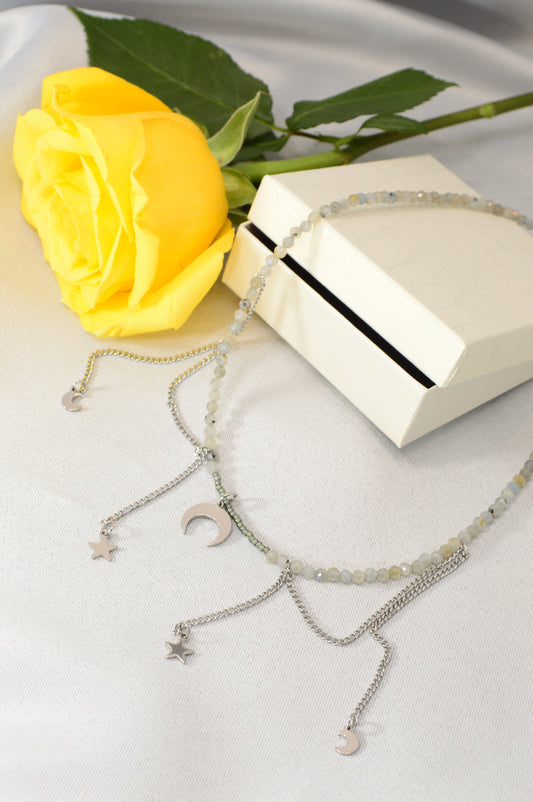 Moonstone Charm Necklace – Crescent & Stars – Stainless Steel Layers