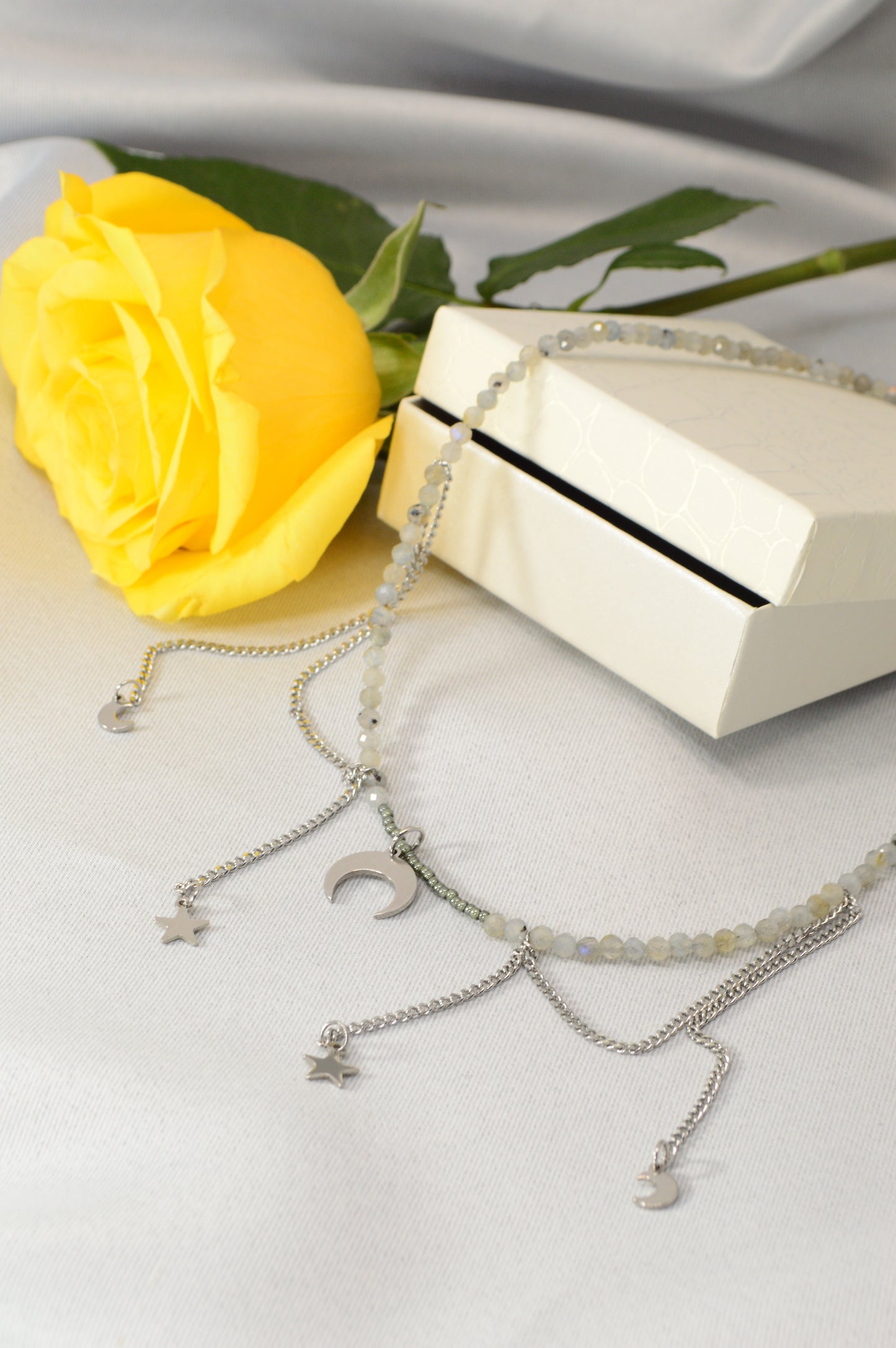 Moonstone Charm Necklace – Crescent & Stars – Stainless Steel Layers