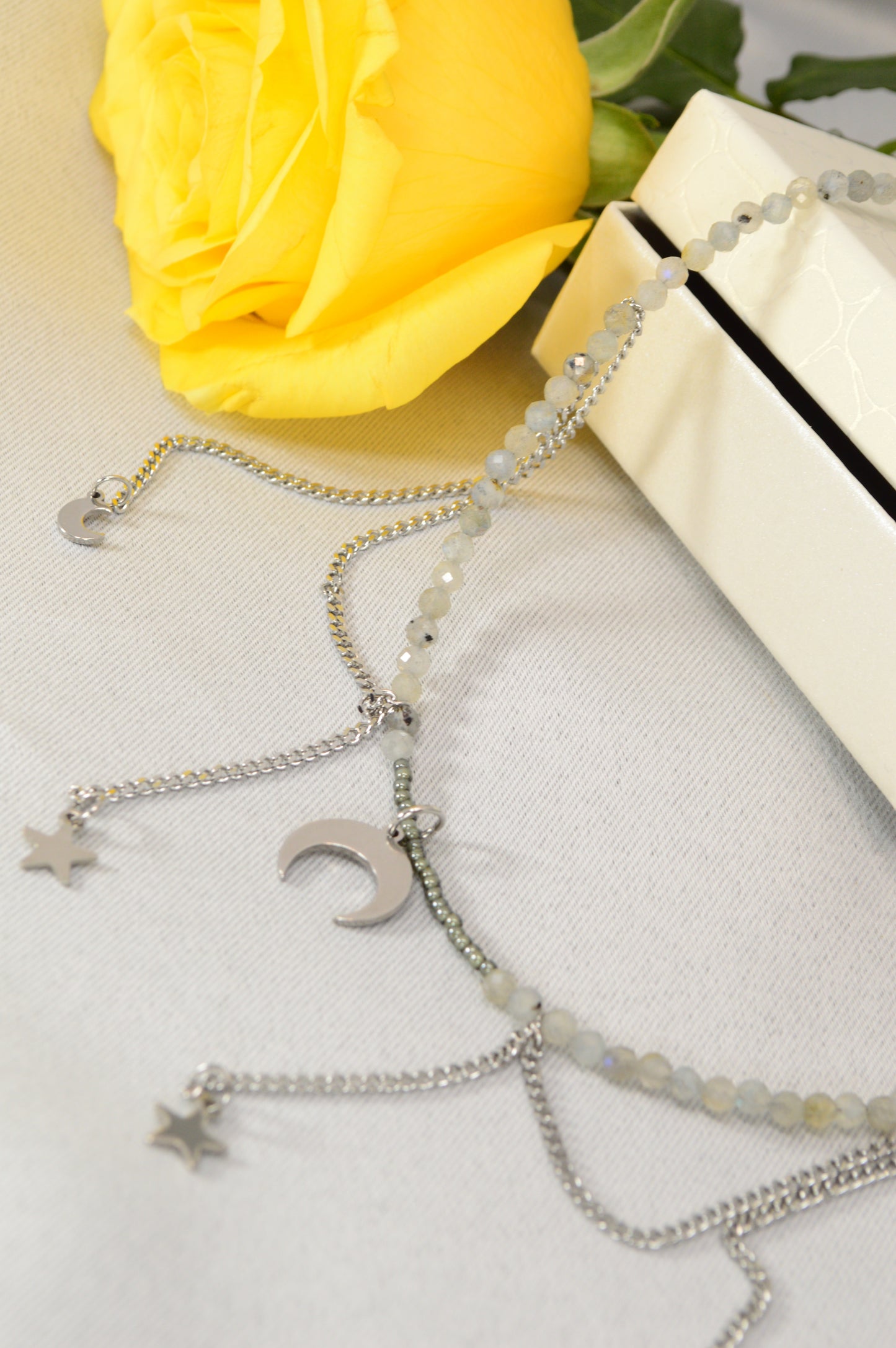 Moonstone Charm Necklace – Crescent & Stars – Stainless Steel Layers