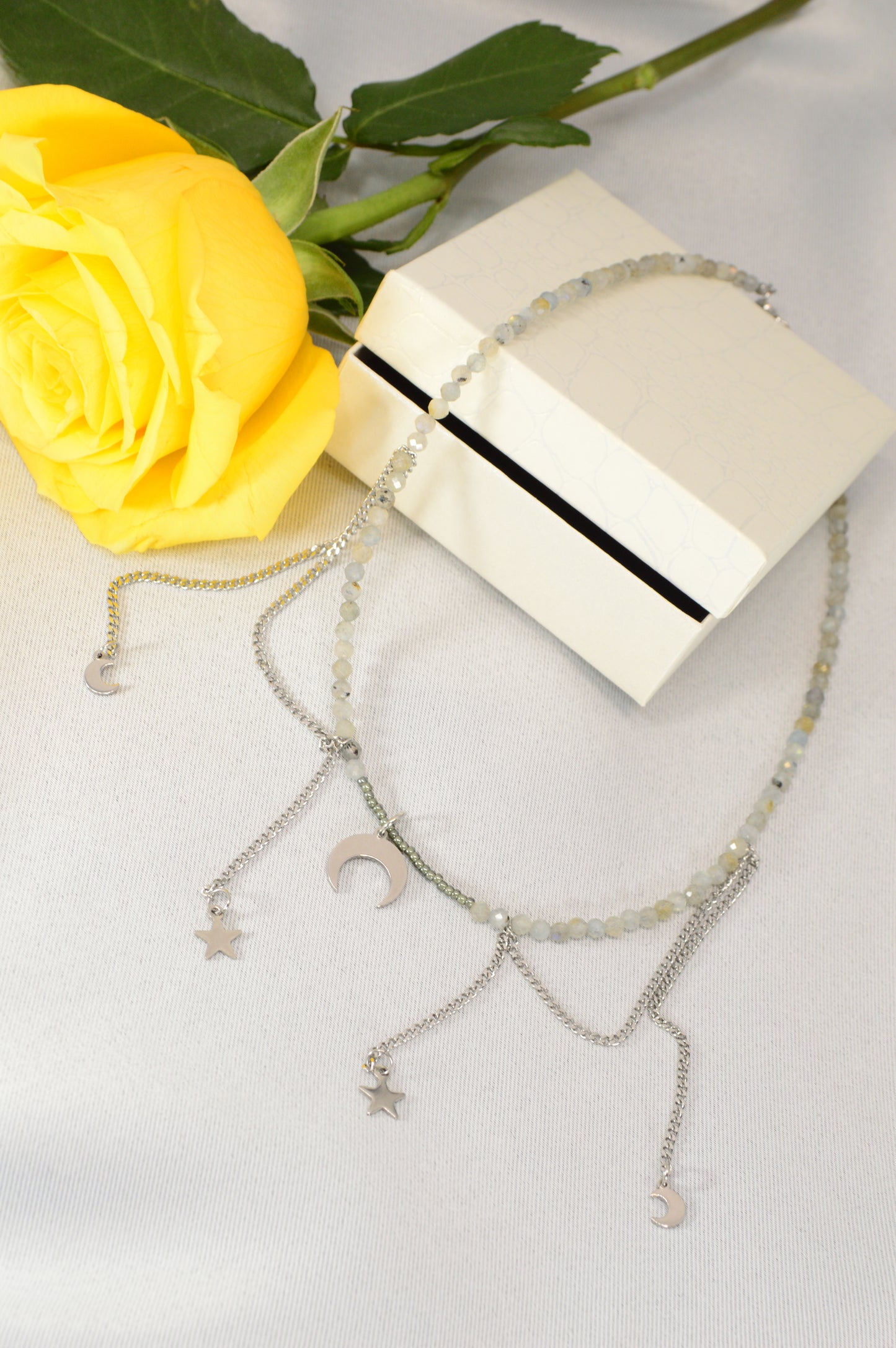 Moonstone Charm Necklace – Crescent & Stars – Stainless Steel Layers