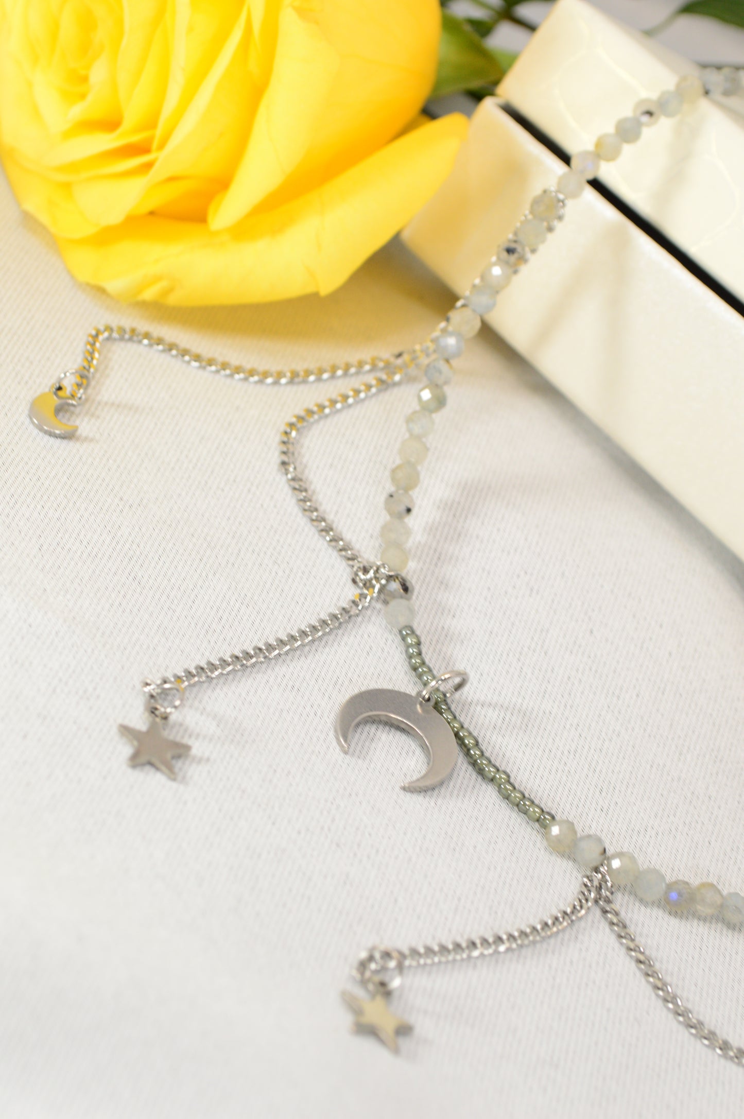Moonstone Charm Necklace – Crescent & Stars – Stainless Steel Layers