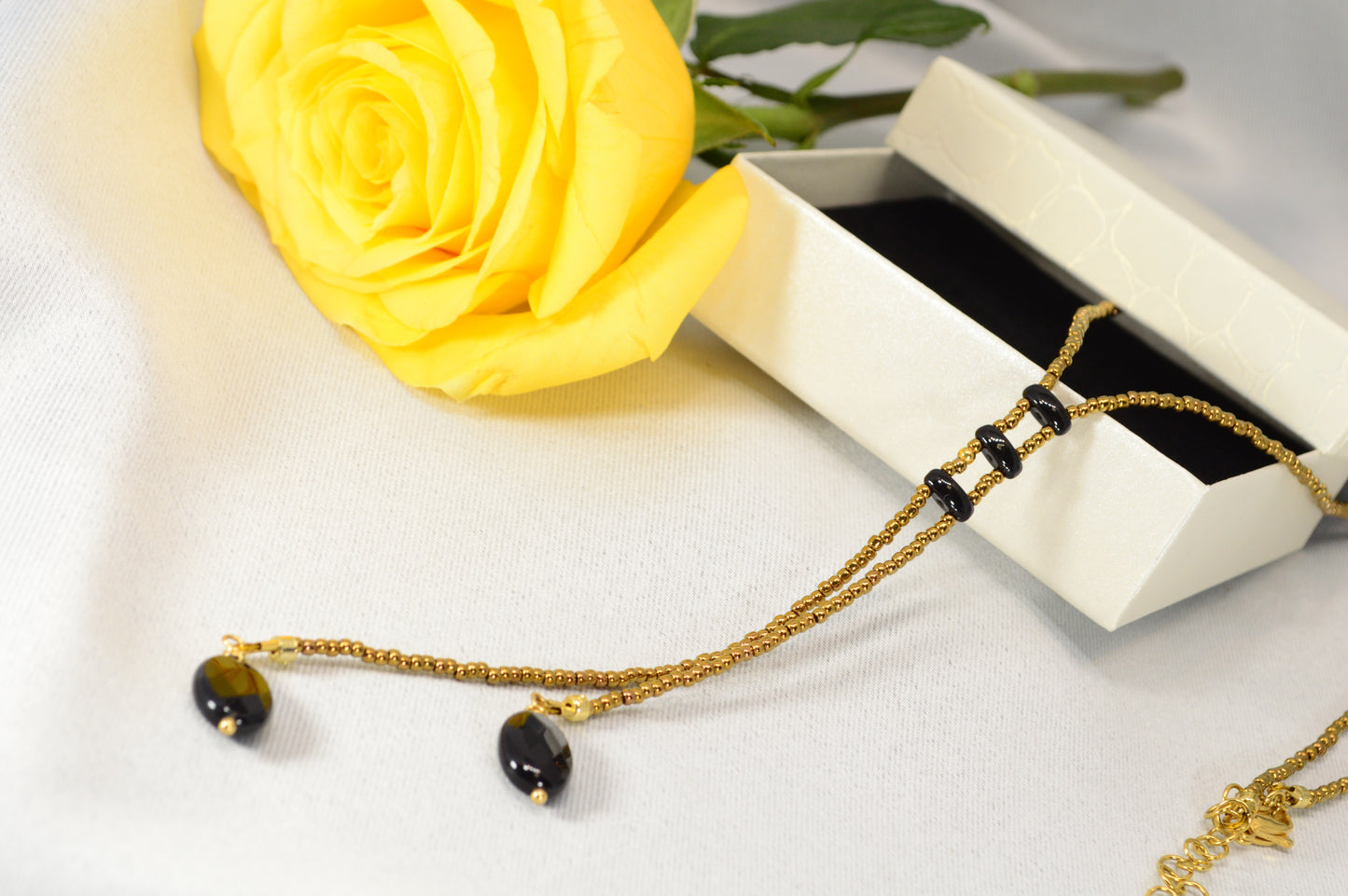 Onyx Y Lariat Necklace – Black Onyx Drops on Gold Seed Bead Chain