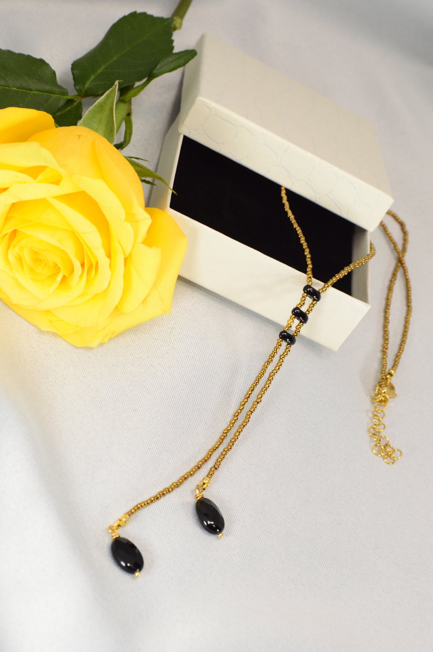 Onyx Y Lariat Necklace – Black Onyx Drops on Gold Seed Bead Chain