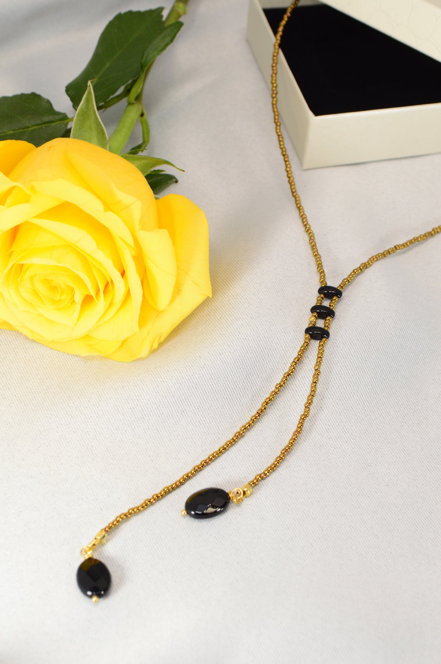Onyx Y Lariat Necklace – Black Onyx Drops on Gold Seed Bead Chain