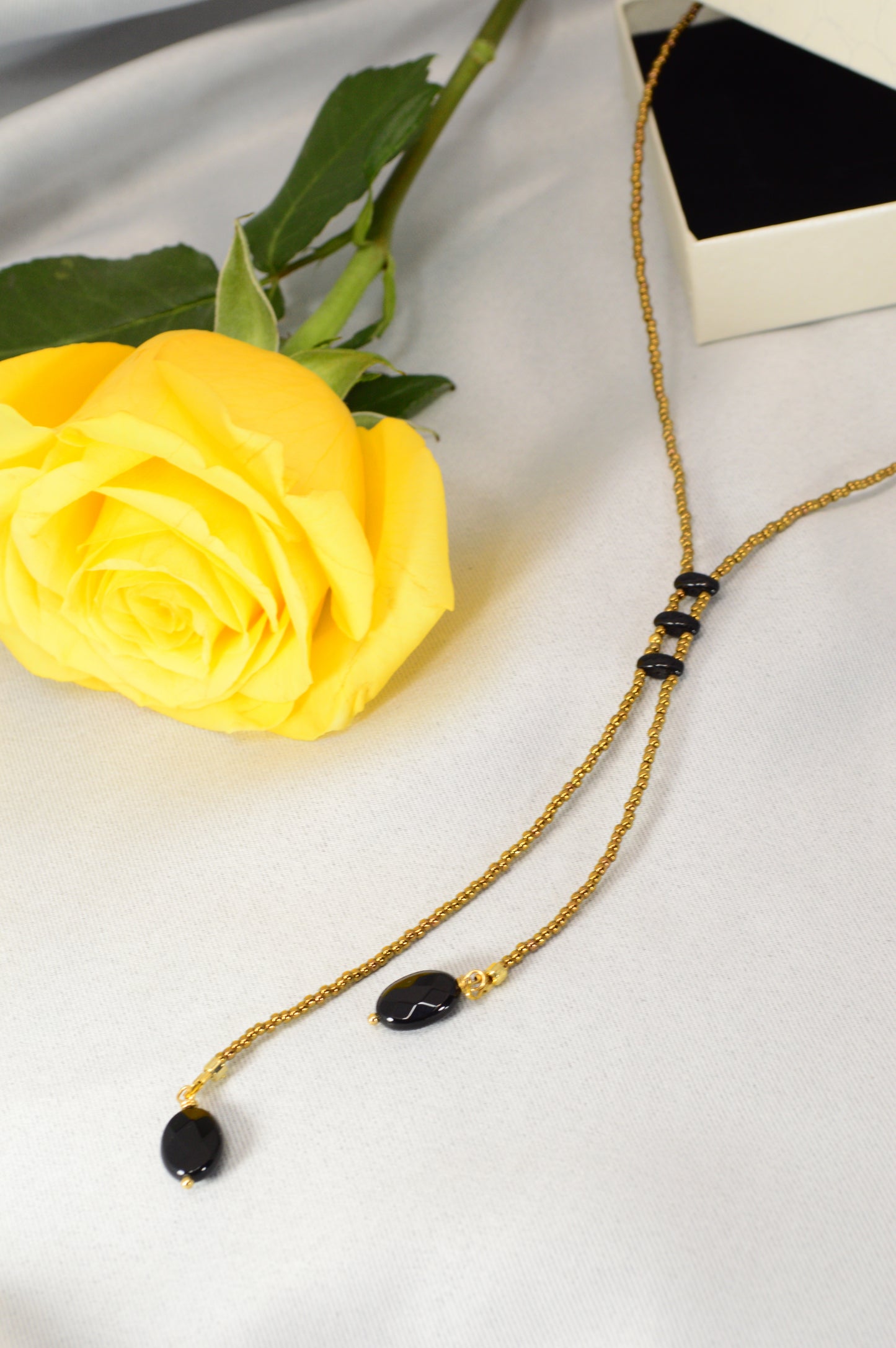 Onyx Y Lariat Necklace – Black Onyx Drops on Gold Seed Bead Chain