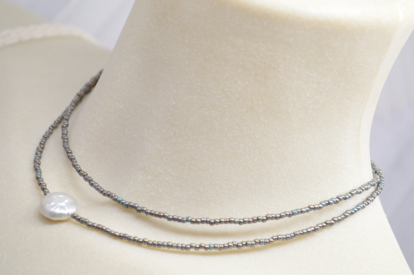 Blue Grey Seed Bead Choker with Freshwater Pearl – Double Strand Minimalist Necklace