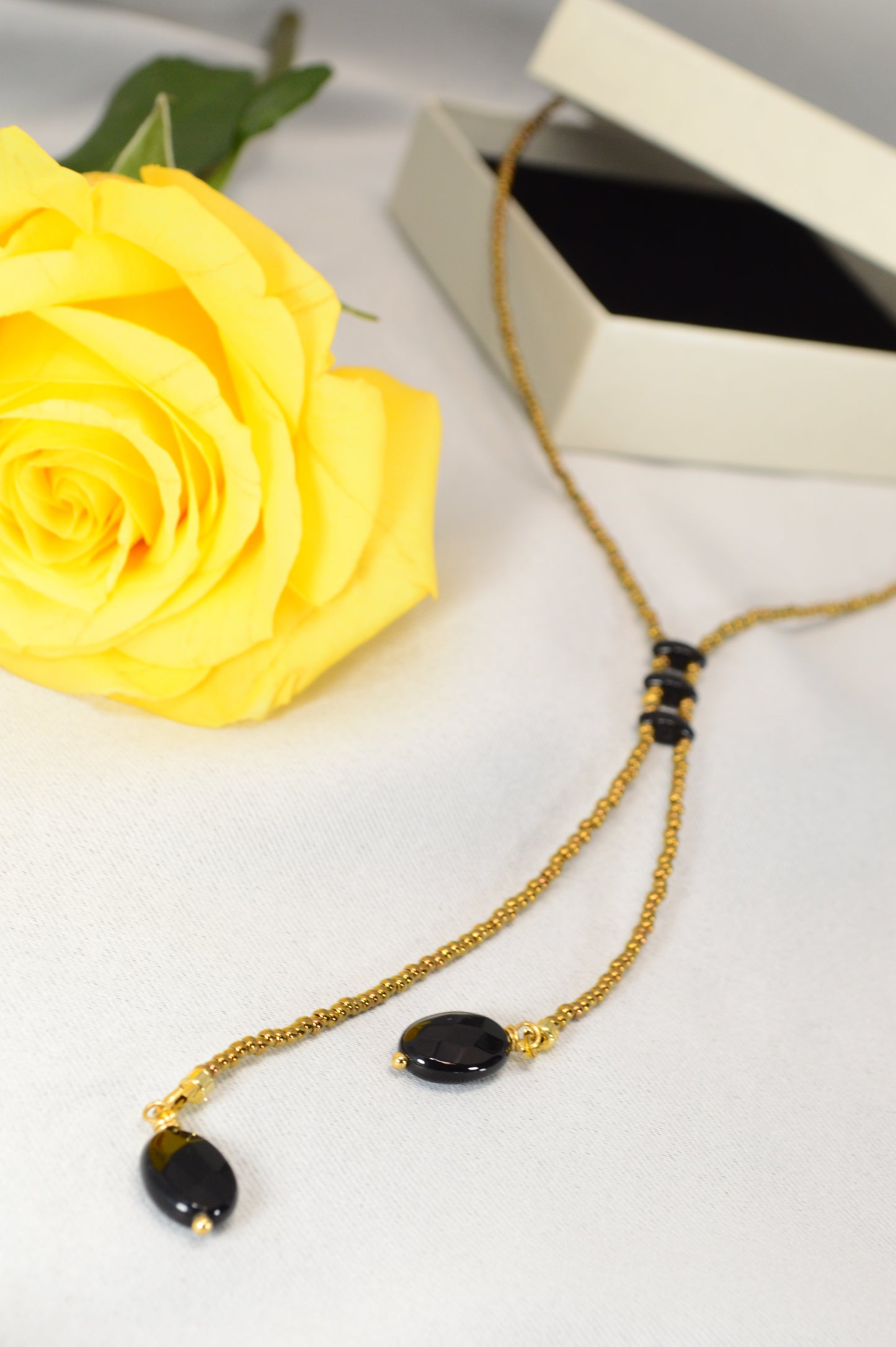 Onyx Y Lariat Necklace – Black Onyx Drops on Gold Seed Bead Chain