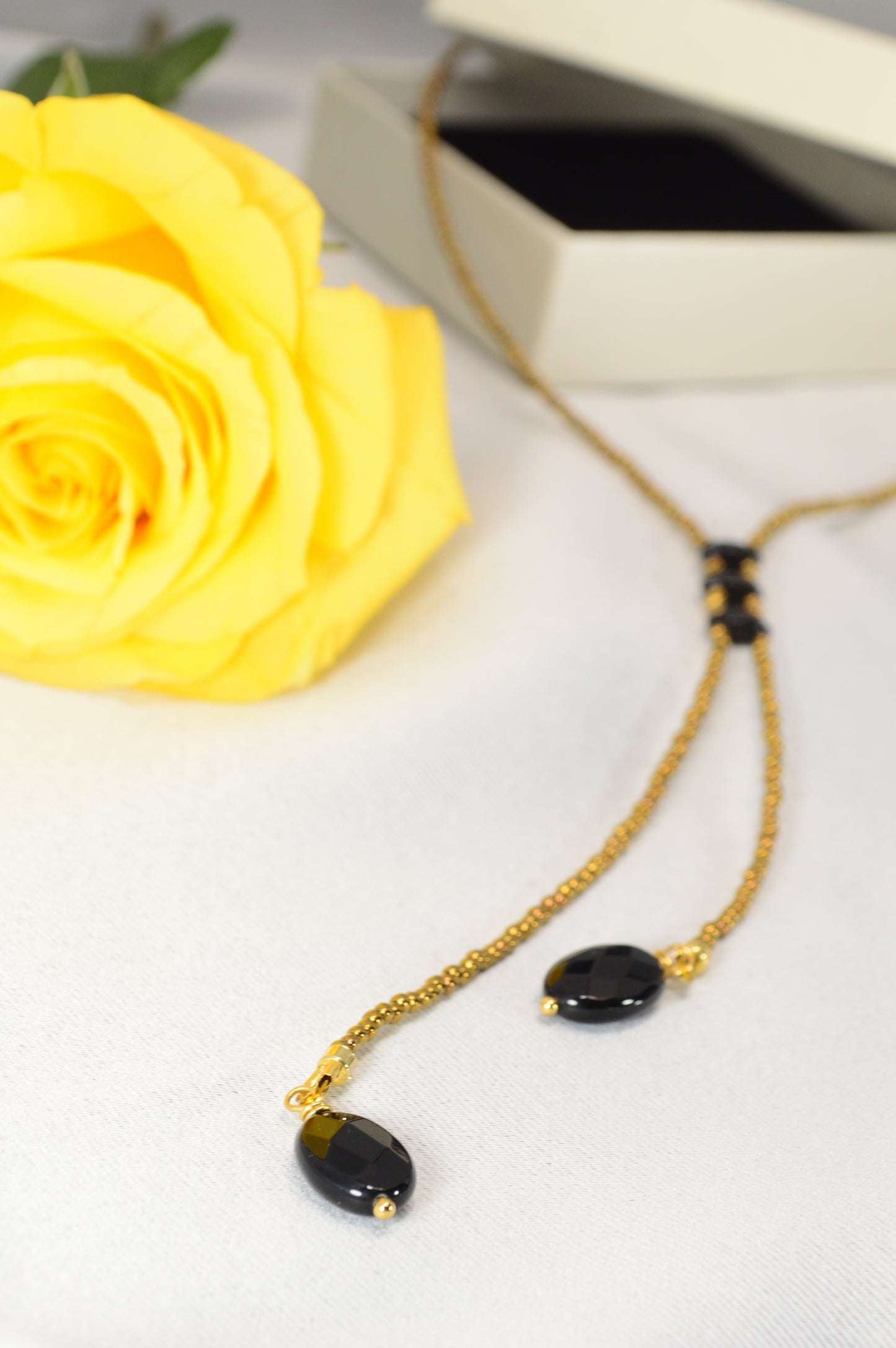 Onyx Y Lariat Necklace – Black Onyx Drops on Gold Seed Bead Chain