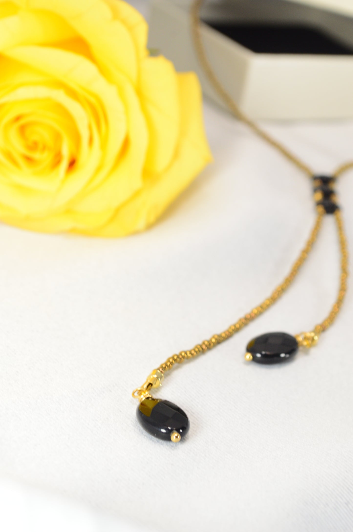 Onyx Y Lariat Necklace – Black Onyx Drops on Gold Seed Bead Chain