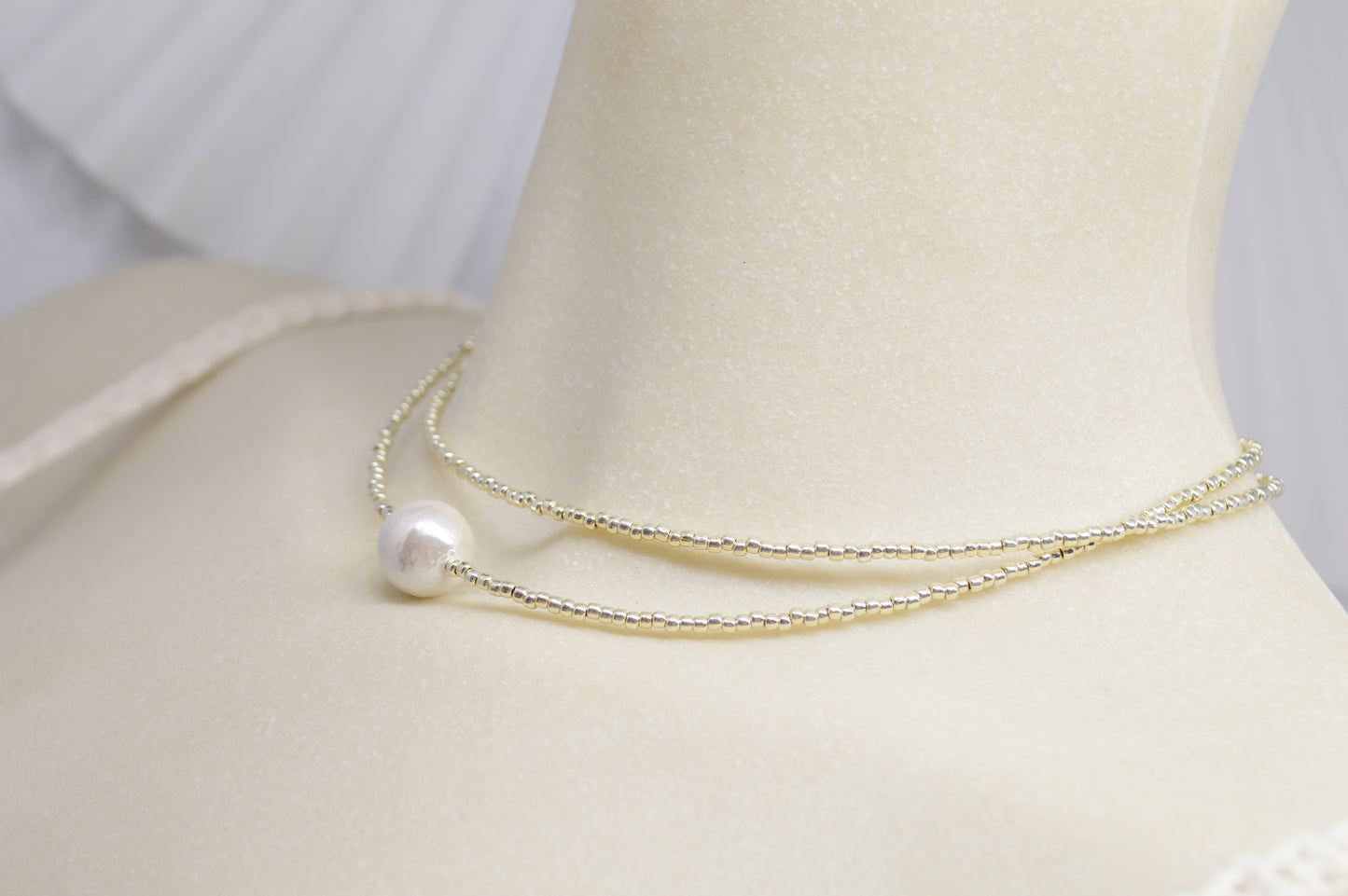 Minimalist Mother of Pearl Choker – Double Strand Seed Bead Necklace