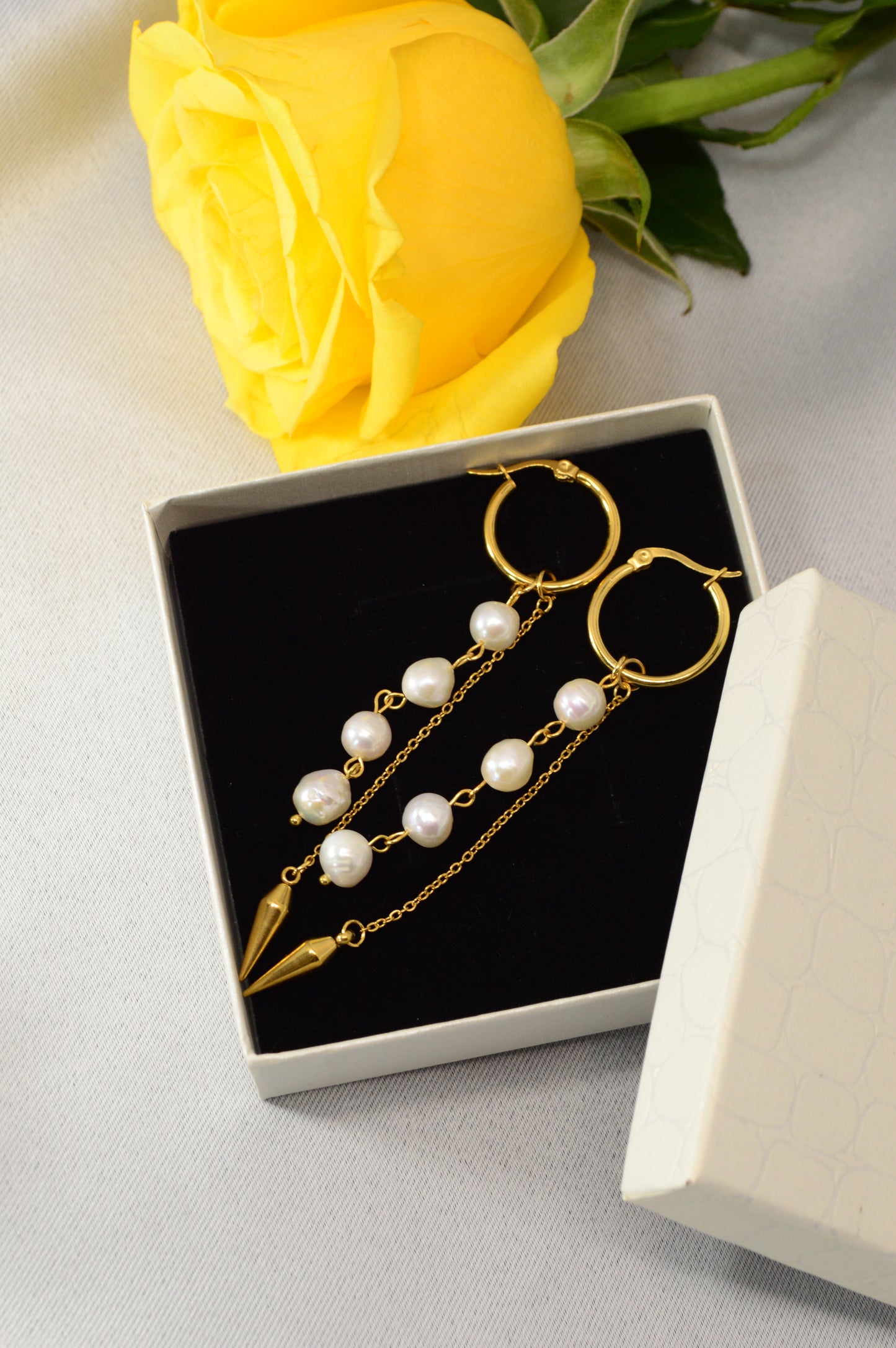 Baroque Pearl Drop Hoop Earrings – Silver & Gold Variants 10cm 4"