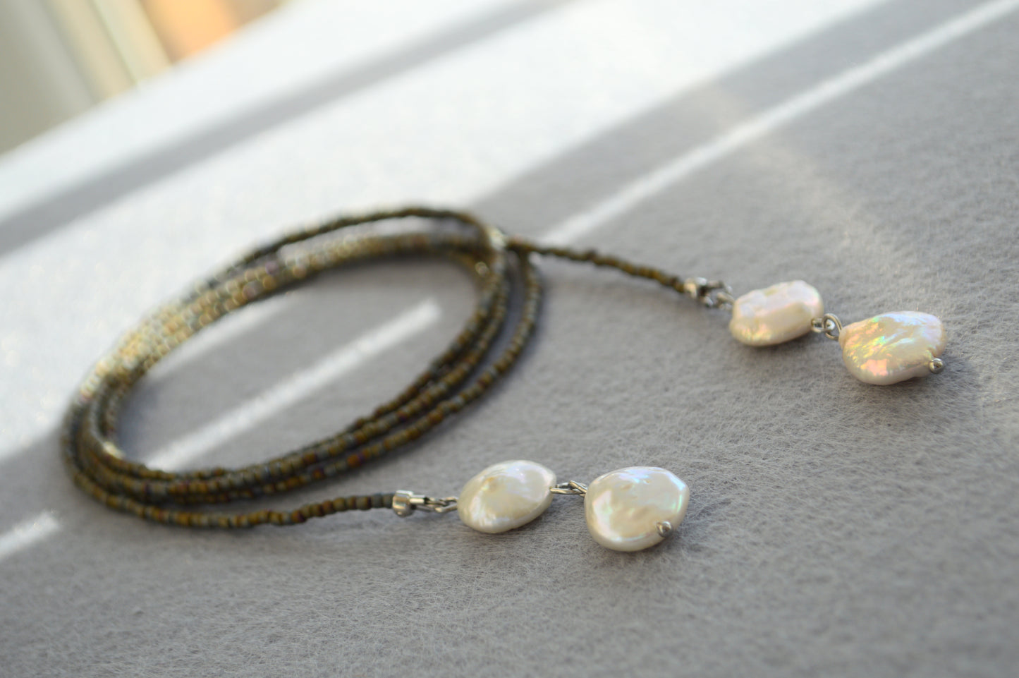 Grey Pearl Lariat Necklace – Adjustable Seed Bead Y Necklace with Freshwater Pearls
