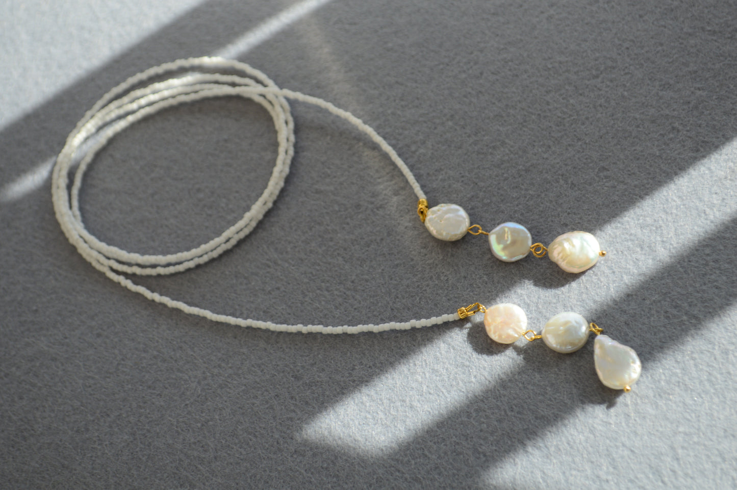 White Pearl Lariat Necklace – Adjustable Seed Bead Y Necklace with Freshwater Pearls