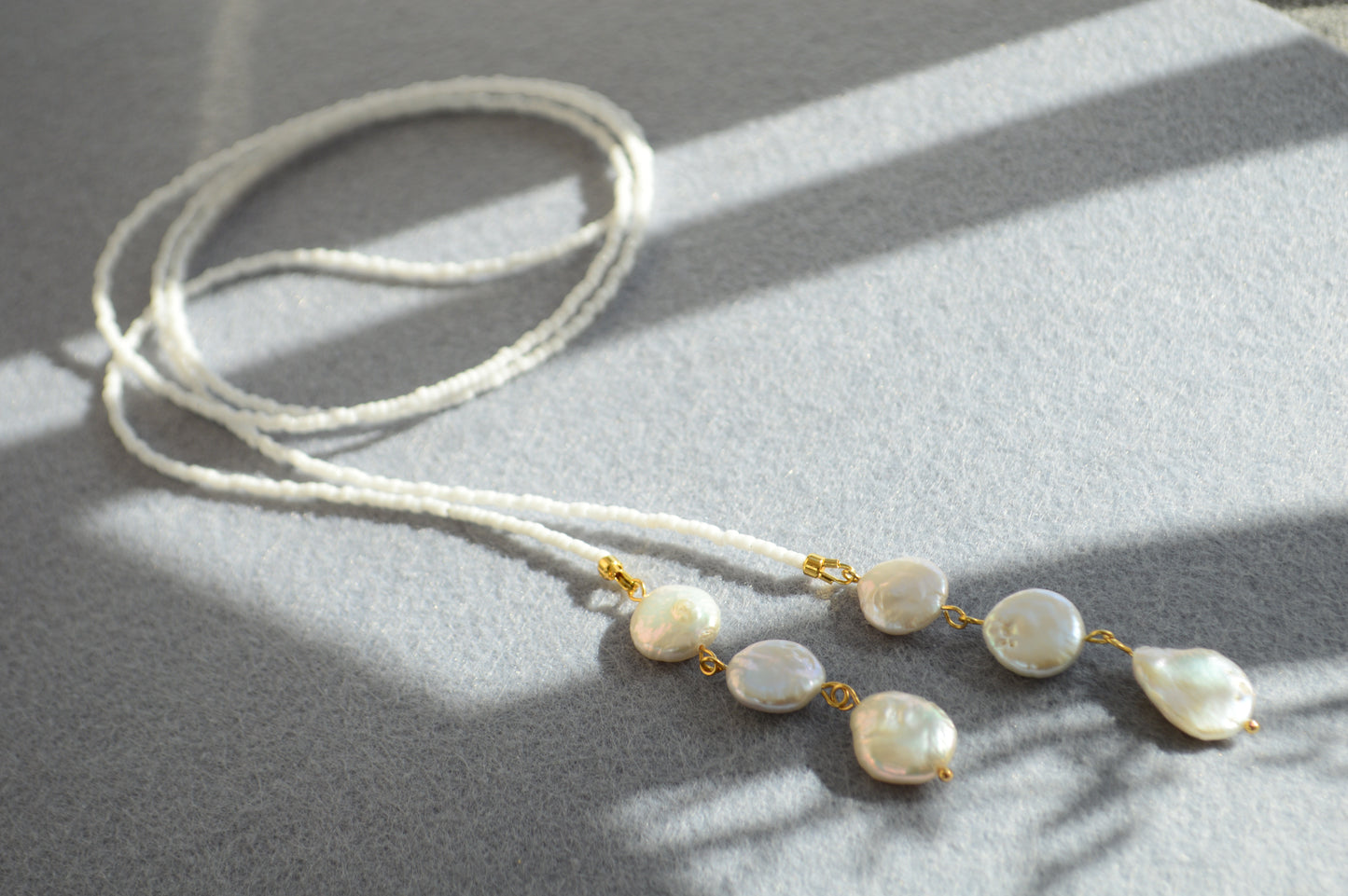 White Pearl Lariat Necklace – Adjustable Seed Bead Y Necklace with Freshwater Pearls