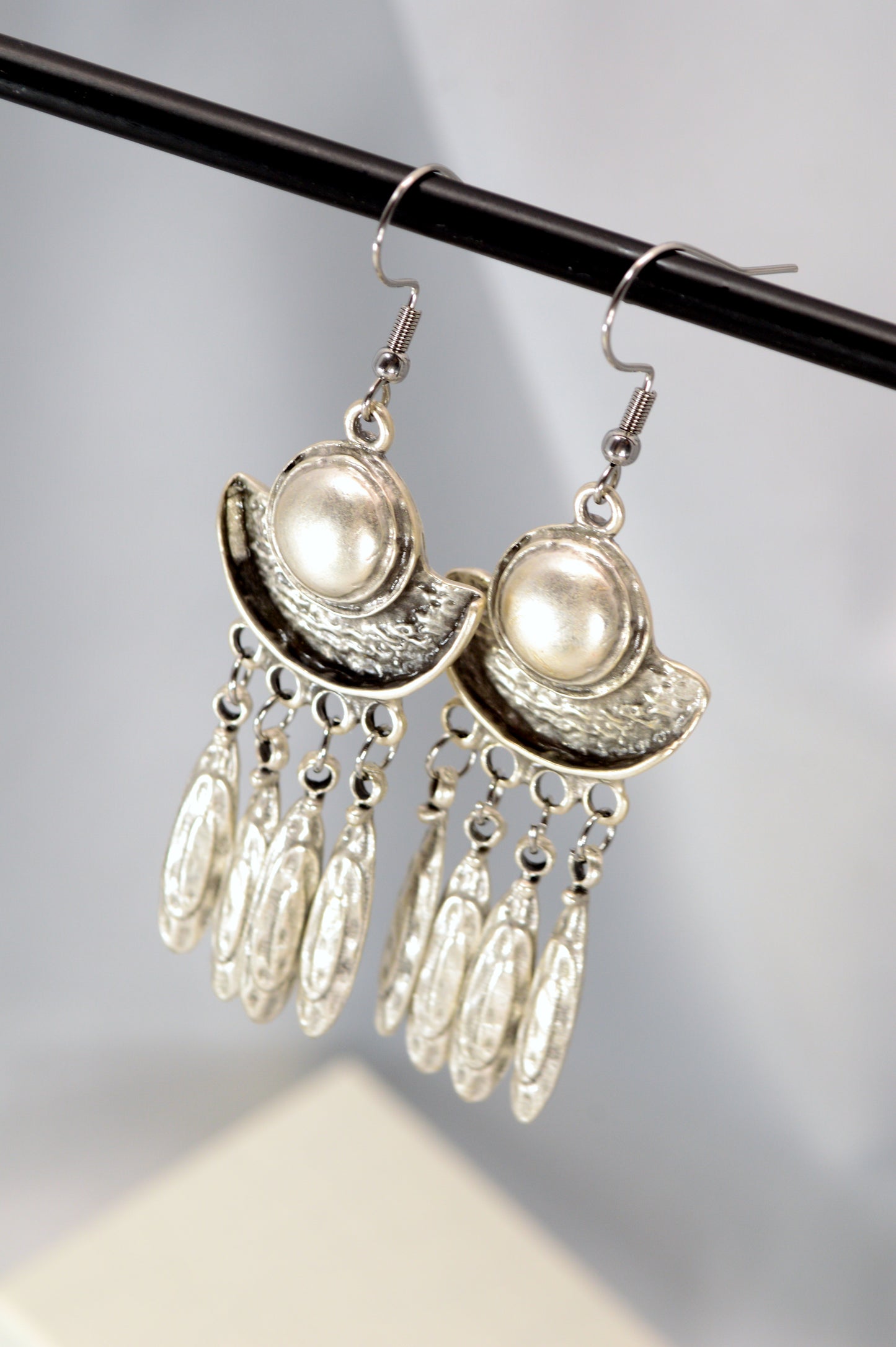 Boho Crescent Dangle Earrings in Silver & Bronze – 7.5 cm / 3"