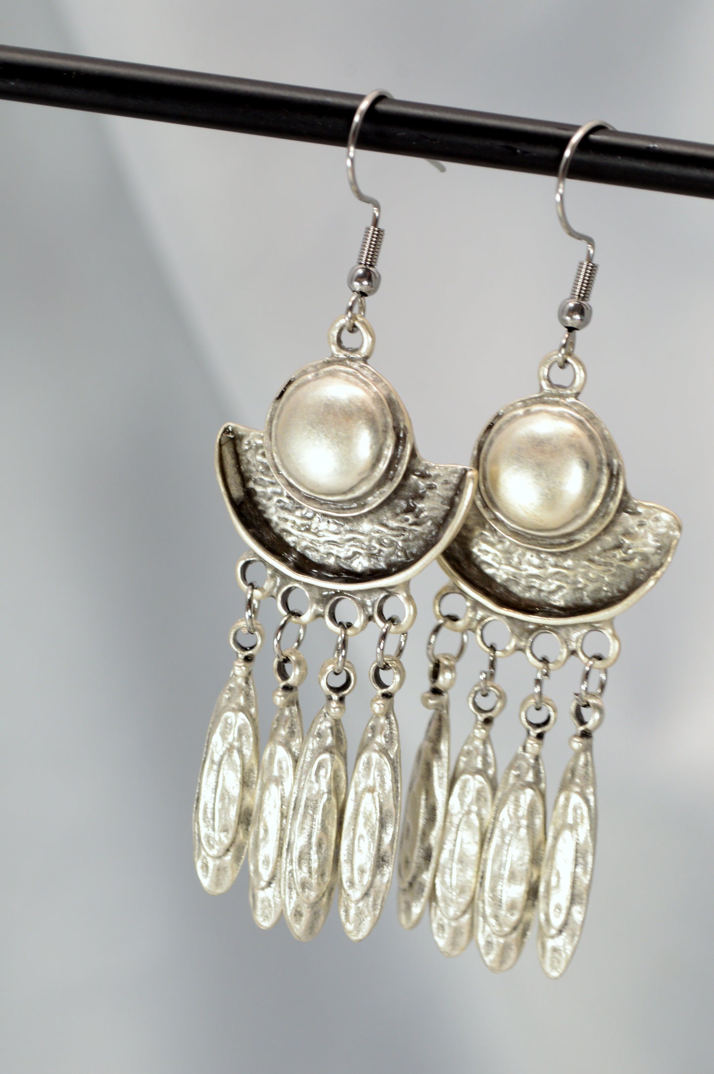 Boho Crescent Dangle Earrings in Silver & Bronze – 7.5 cm / 3"