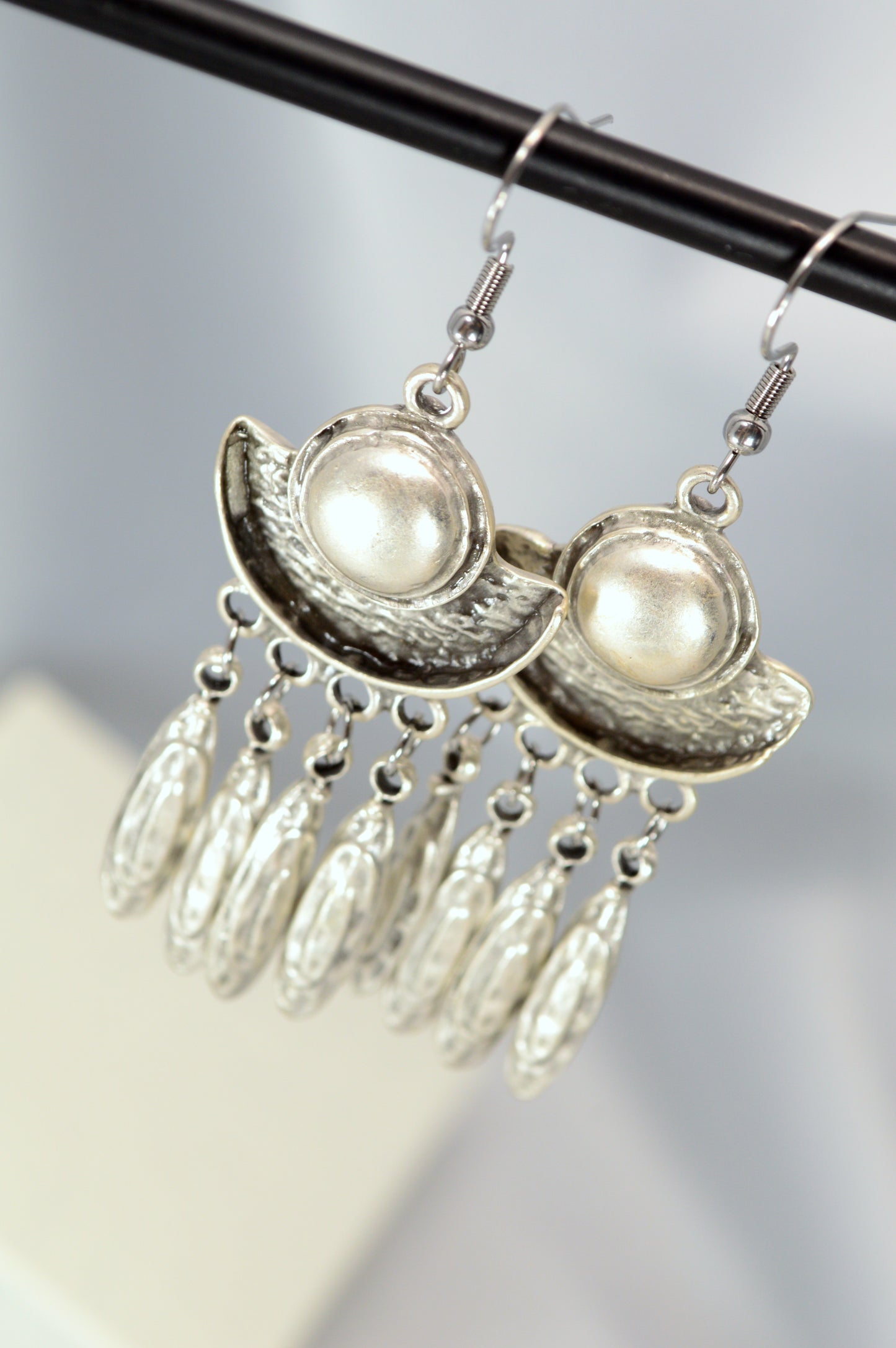 Boho Crescent Dangle Earrings in Silver & Bronze – 7.5 cm / 3"