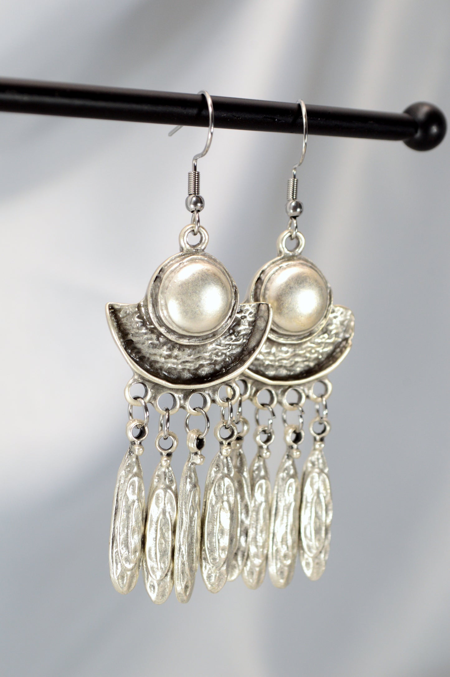 Boho Crescent Dangle Earrings in Silver & Bronze – 7.5 cm / 3"