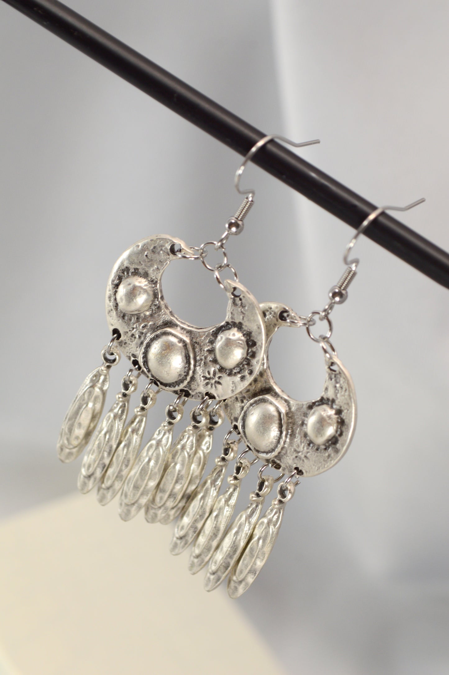 Boho Vintage Silver Dangle Earrings with Stainless Steel Hooks  7.5cm - 3"