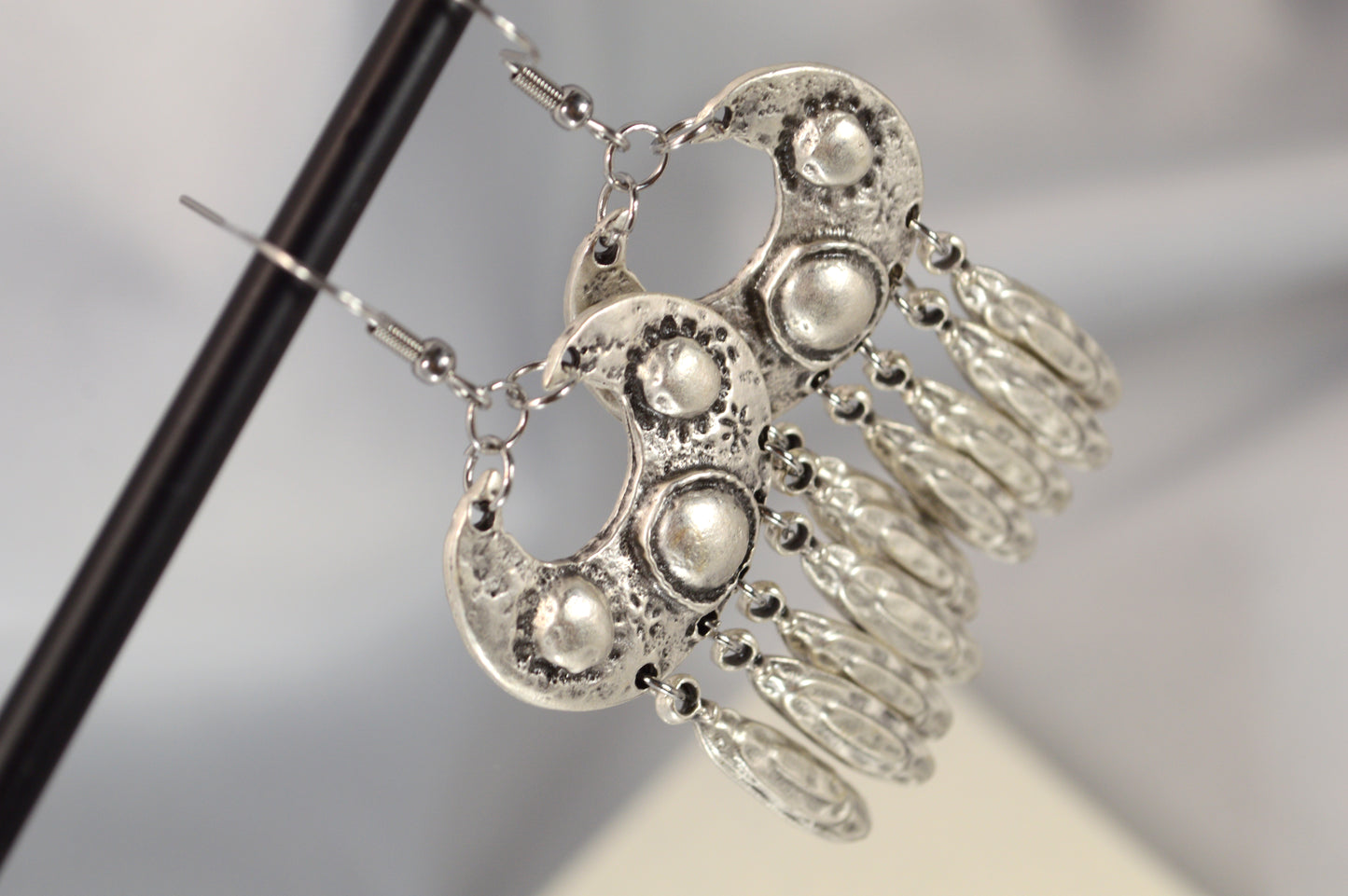 Boho Vintage Silver Dangle Earrings with Stainless Steel Hooks  7.5cm - 3"