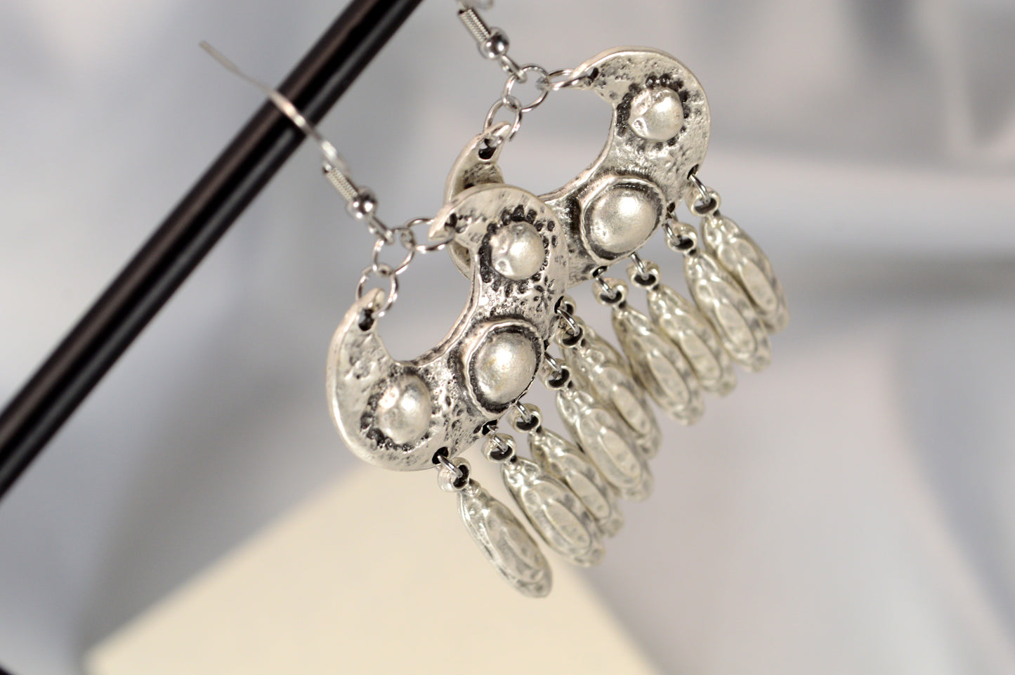 Boho Vintage Silver Dangle Earrings with Stainless Steel Hooks  7.5cm - 3"