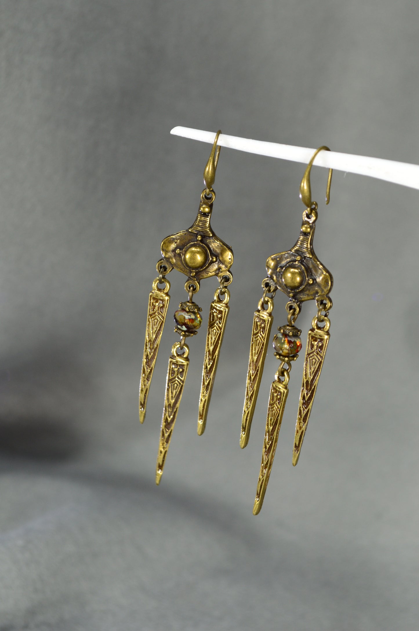 Boho Tribal Bronze Spike Earrings with Art Glass Beads – 8 cm / 3.2"