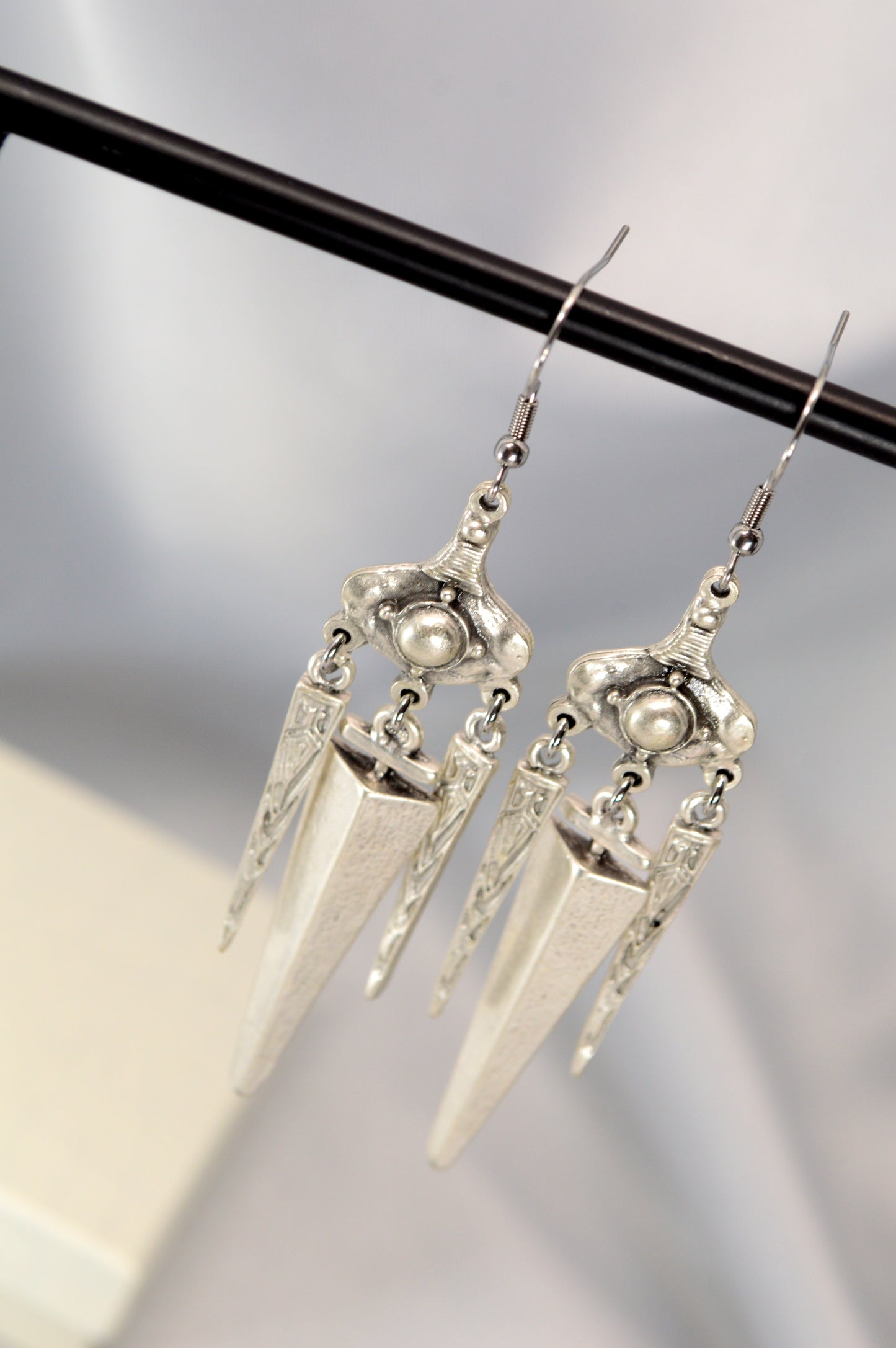 Boho Tribal Spike Dangle Earrings in Silver & Bronze 10cm - 4"