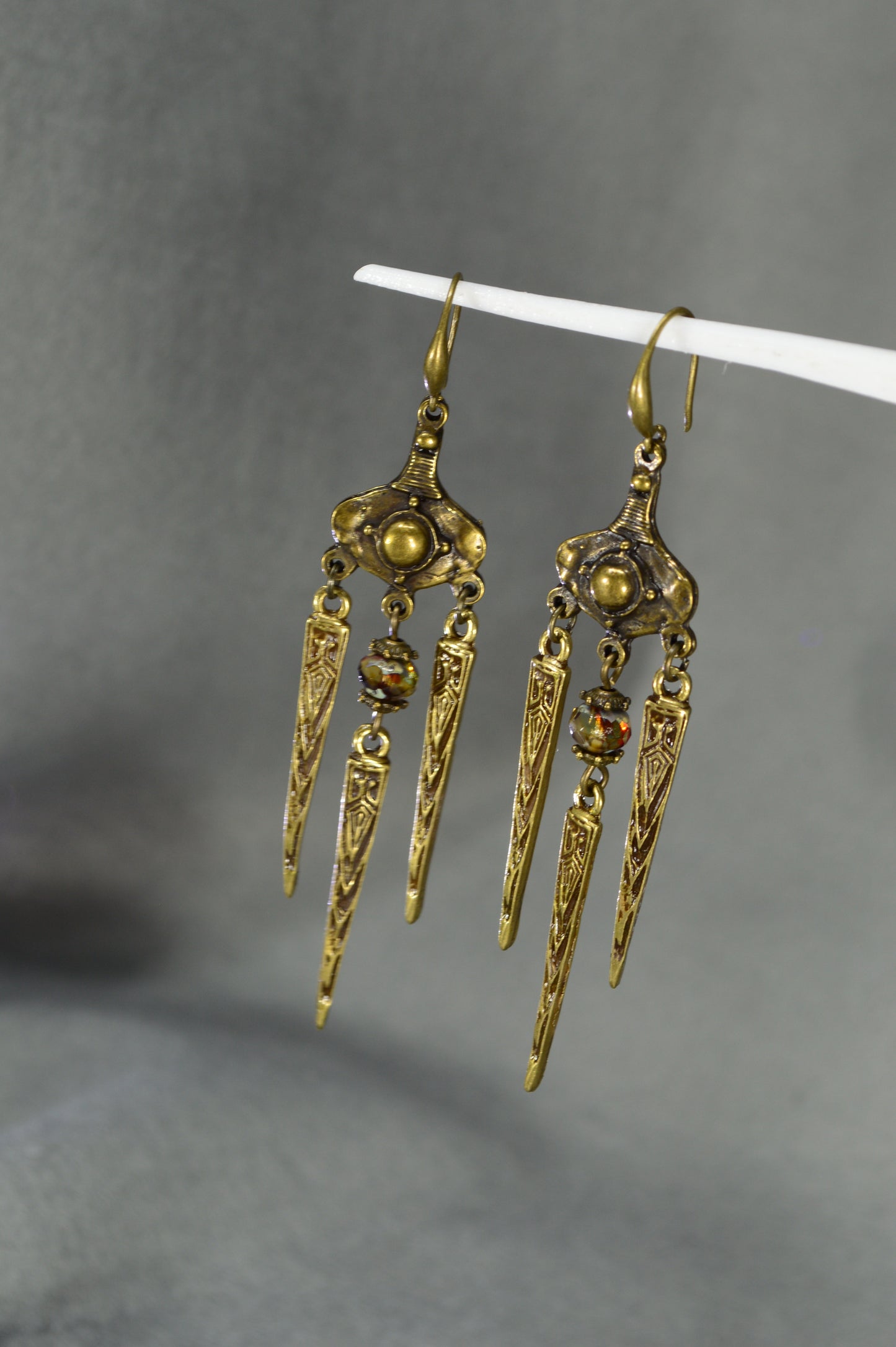 Boho Tribal Bronze Spike Earrings with Art Glass Beads – 8 cm / 3.2"