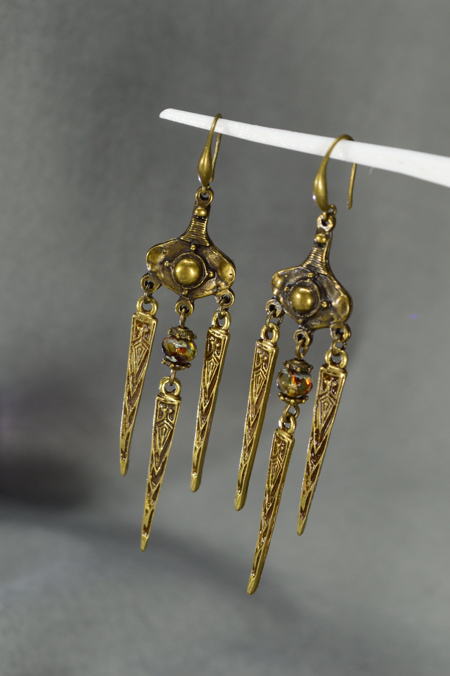 Boho Tribal Bronze Spike Earrings with Art Glass Beads – 8 cm / 3.2"
