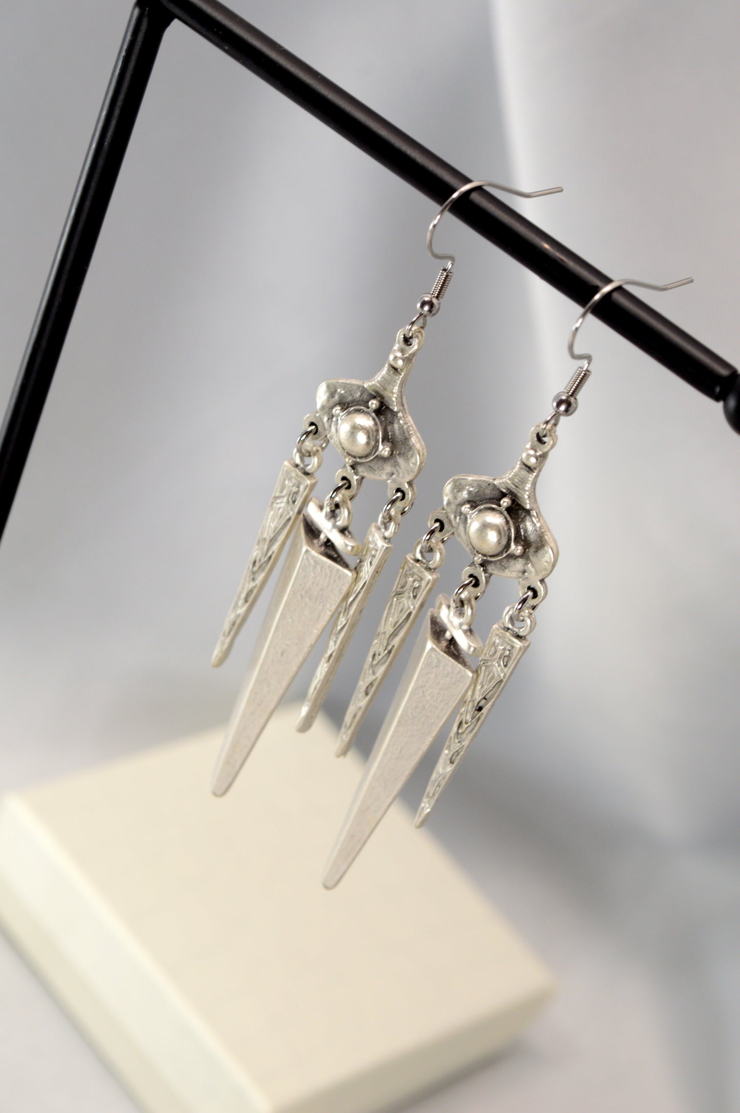 Boho Tribal Spike Dangle Earrings in Silver & Bronze 10cm - 4"